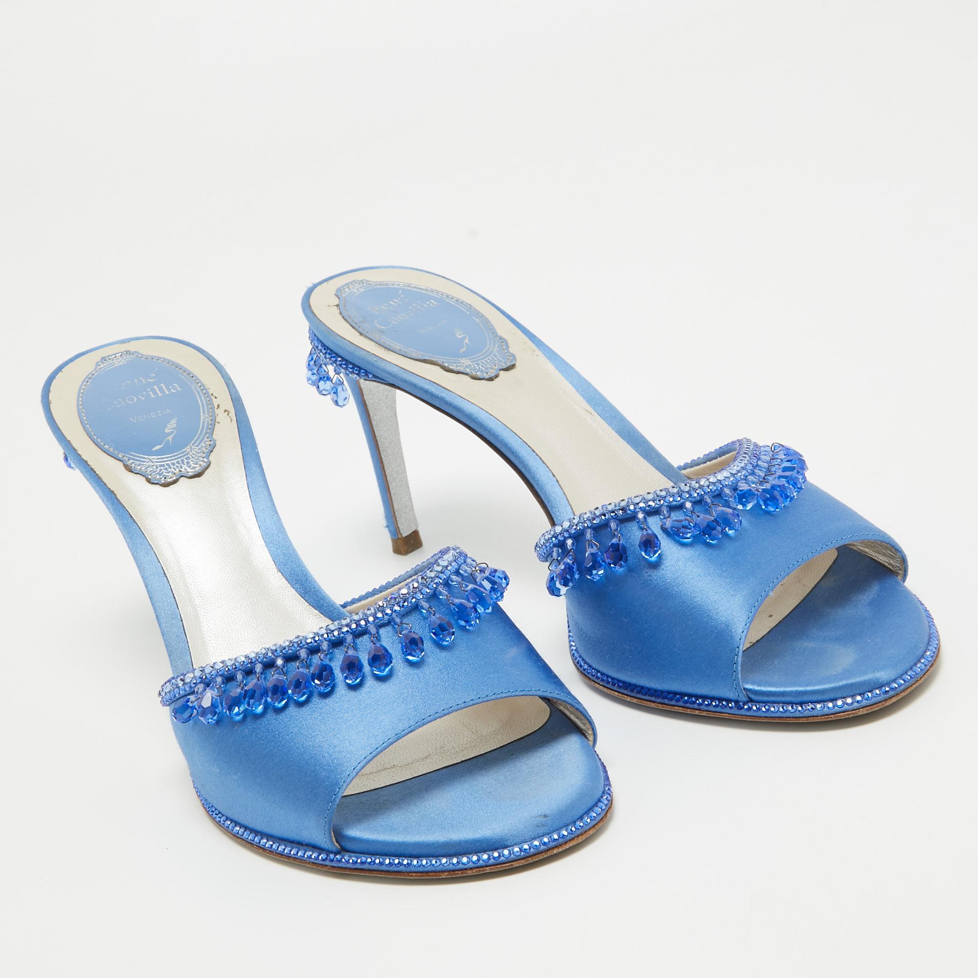 René Caovilla Blue Satin Crystal Embellished Slide Sandals Size 37 In Good Condition For Sale In Dubai, Al Qouz 2