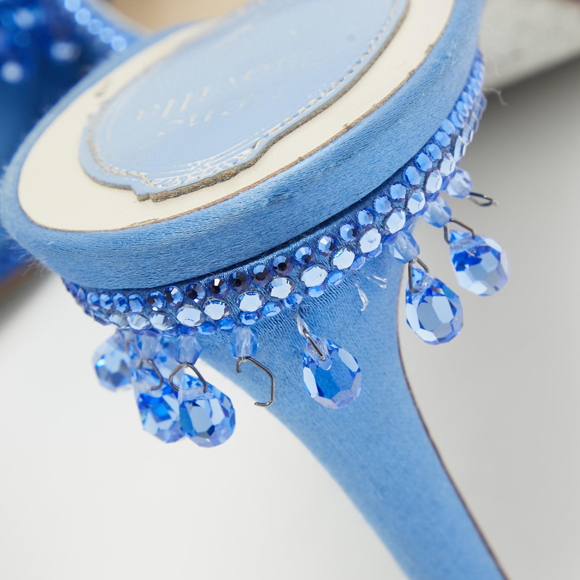 Women's René Caovilla Blue Satin Crystal Embellished Slide Sandals Size 37 For Sale