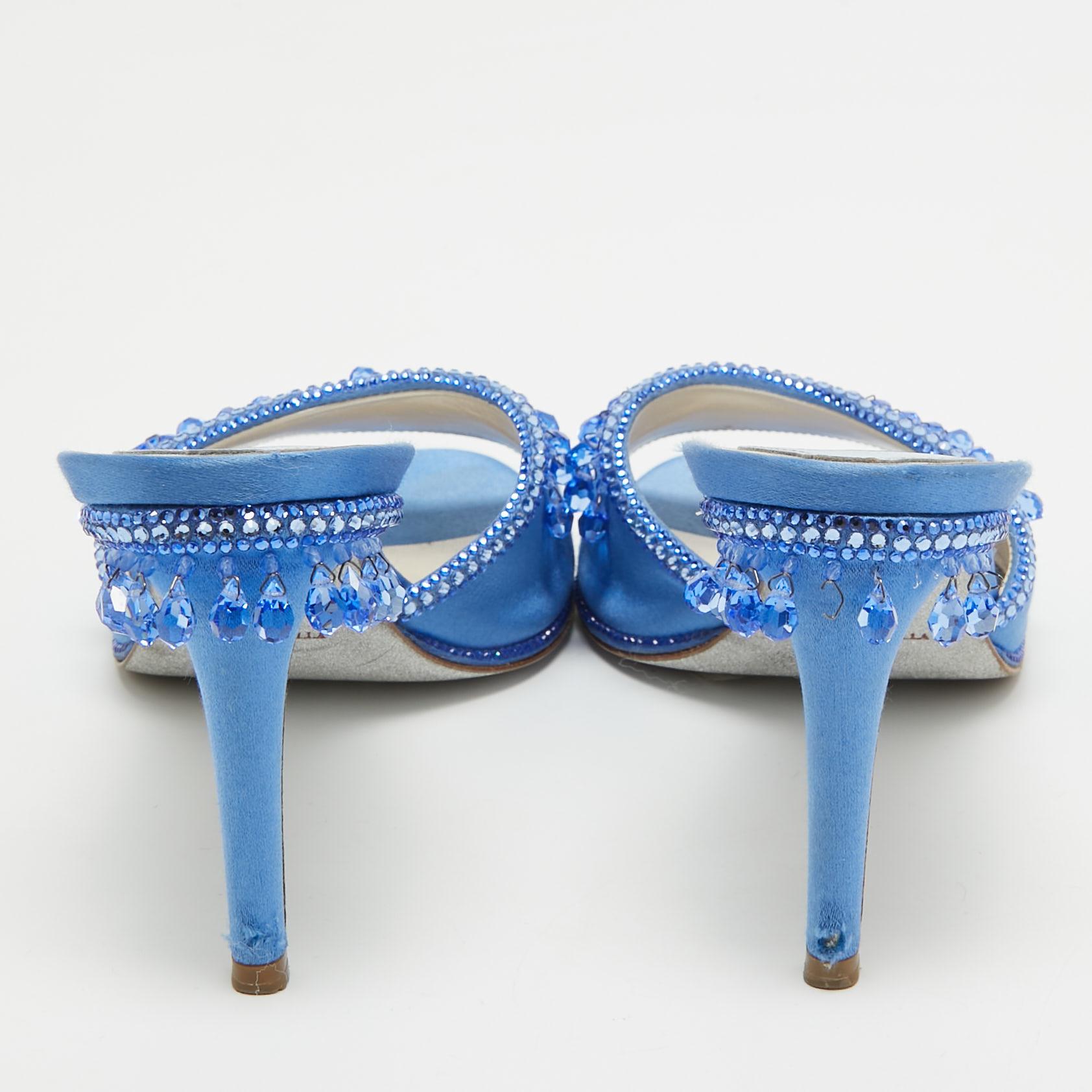 René Caovilla Blue Satin Crystal Embellished Slide Sandals Size 37 For Sale 1