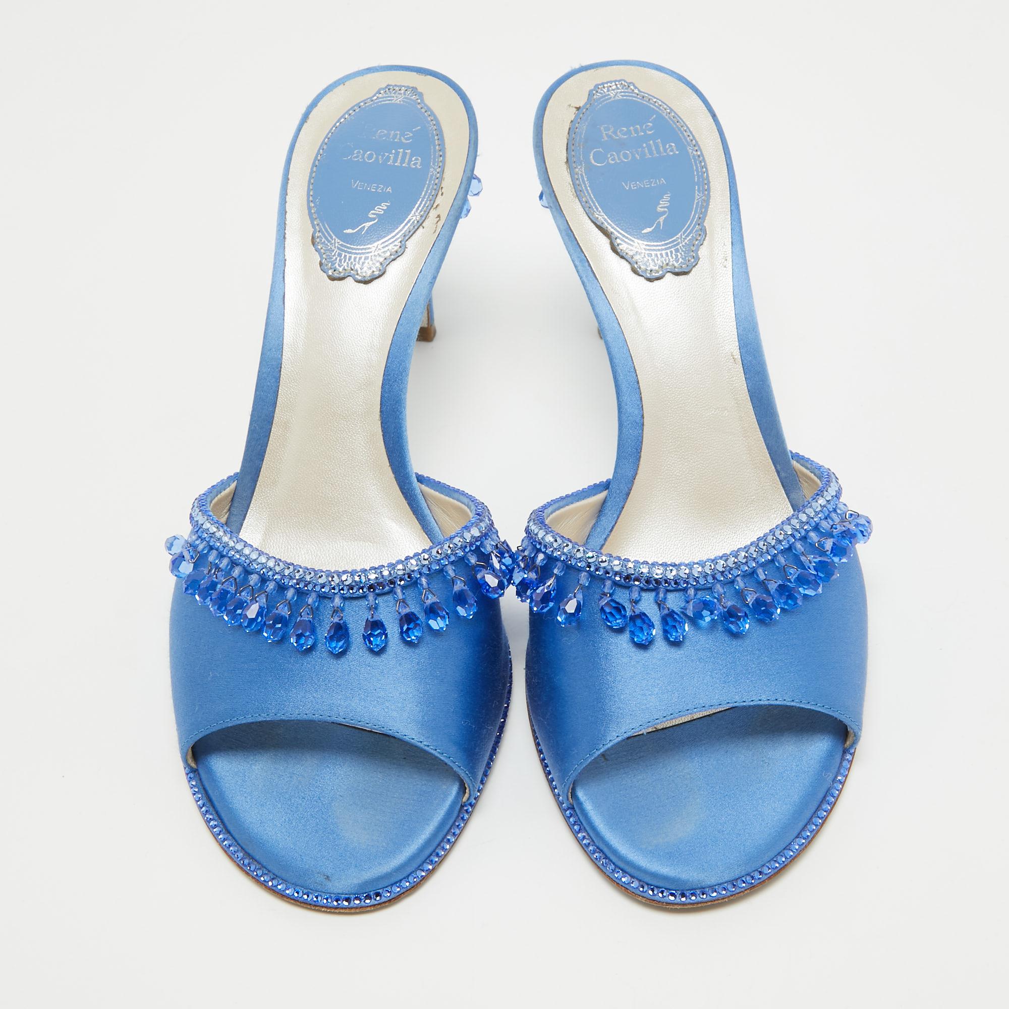 René Caovilla Blue Satin Crystal Embellished Slide Sandals Size 37 For Sale 2
