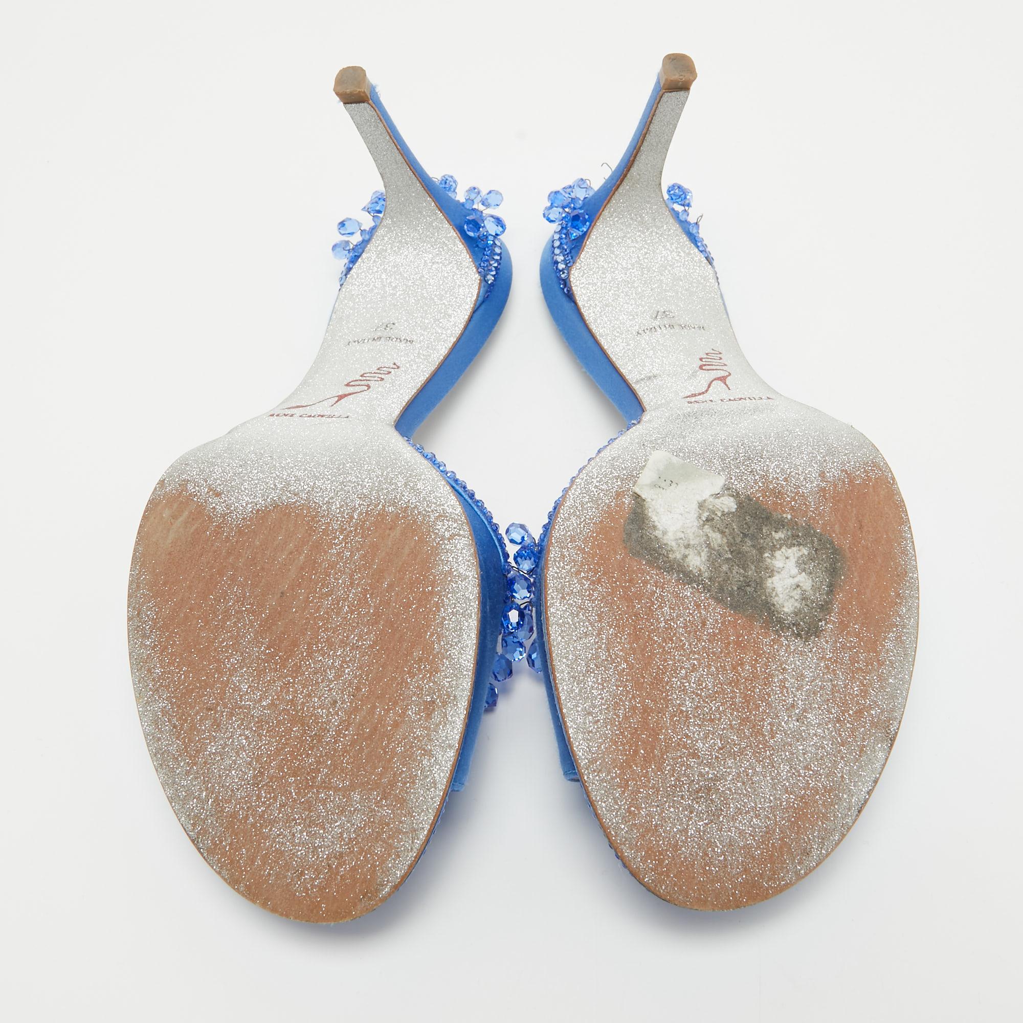 René Caovilla Blue Satin Crystal Embellished Slide Sandals Size 37 For Sale 5