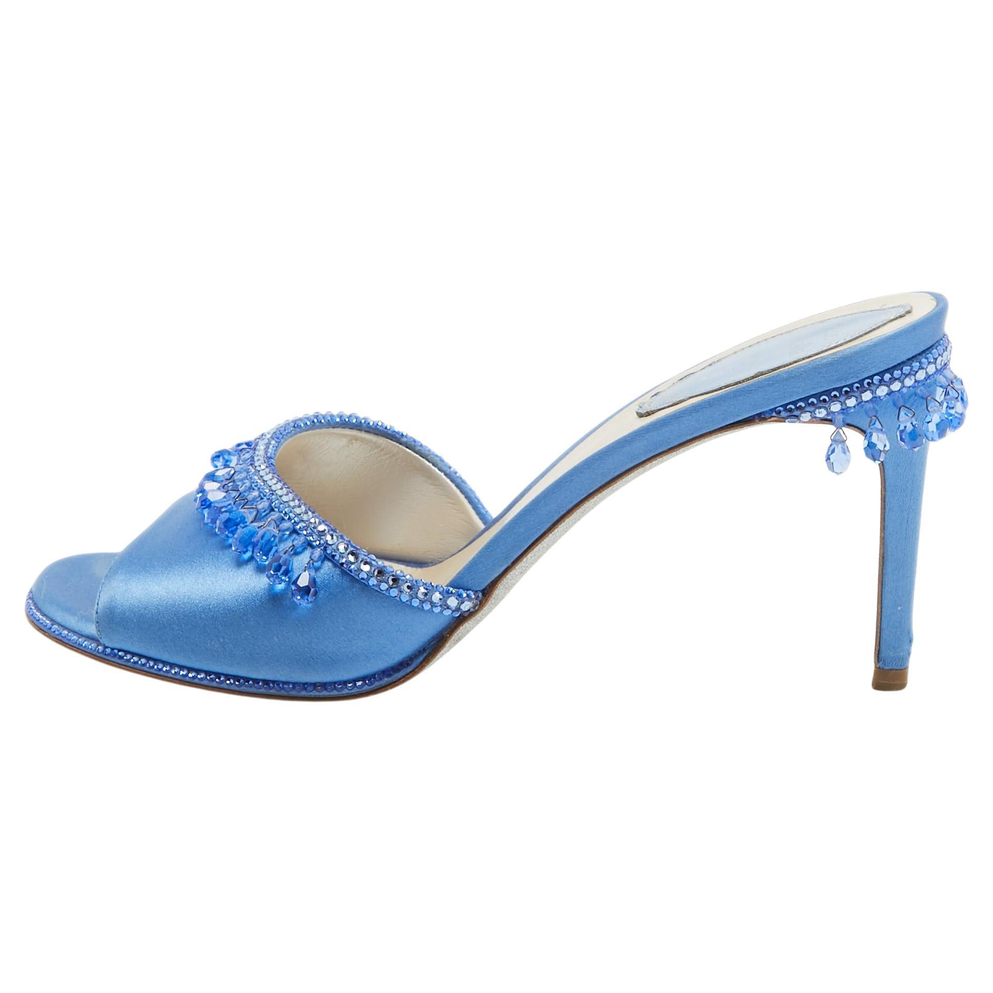 René Caovilla Blue Satin Crystal Embellished Slide Sandals Size 37 For Sale