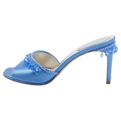 René Caovilla Bleu Satin Crystal Embellished Slide Sandals Size 37