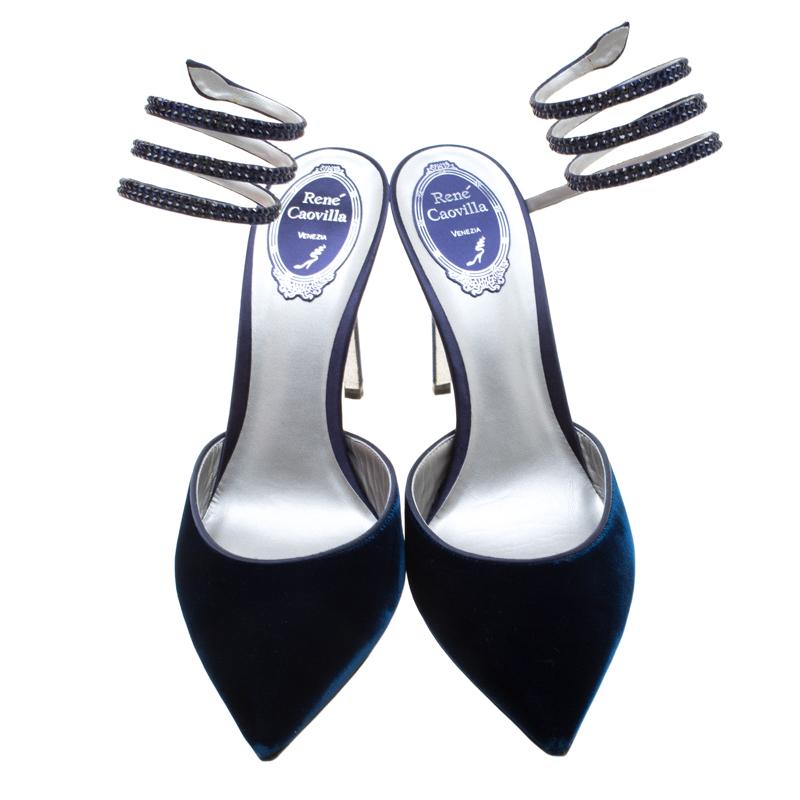 Black René Caovilla Blue Velvet Crystal Embellished Ankle Wrap Sandals Size 40