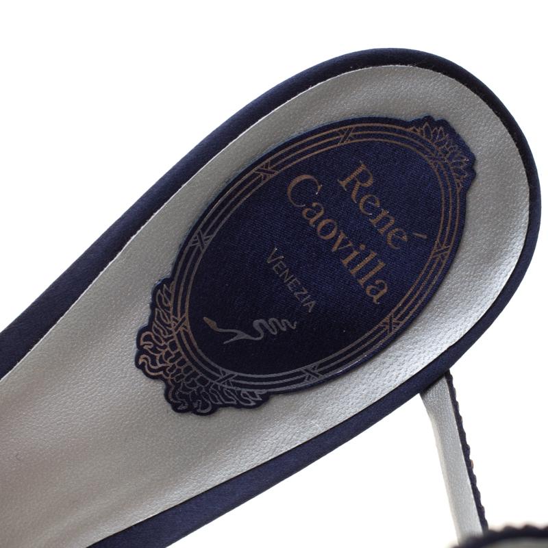 Women's René Caovilla Blue Velvet Crystal Embellished Ankle Wrap Sandals Size 40