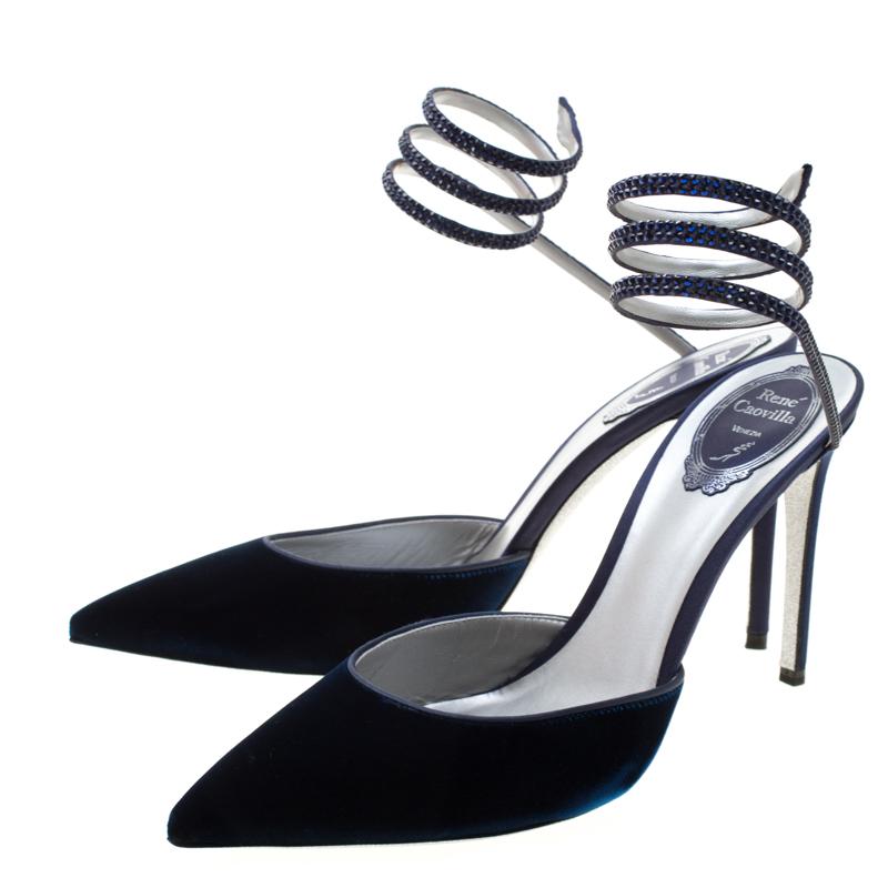 René Caovilla Blue Velvet Crystal Embellished Ankle Wrap Sandals Size 40 2