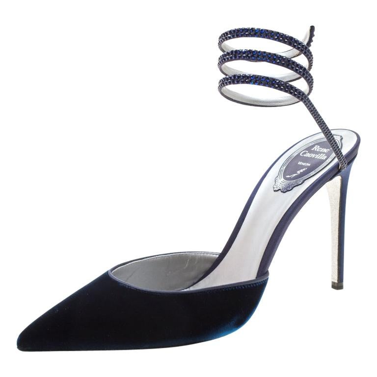 René Caovilla Blue Velvet Crystal Embellished Ankle Wrap Sandals Size 40  For Sale at 1stDibs