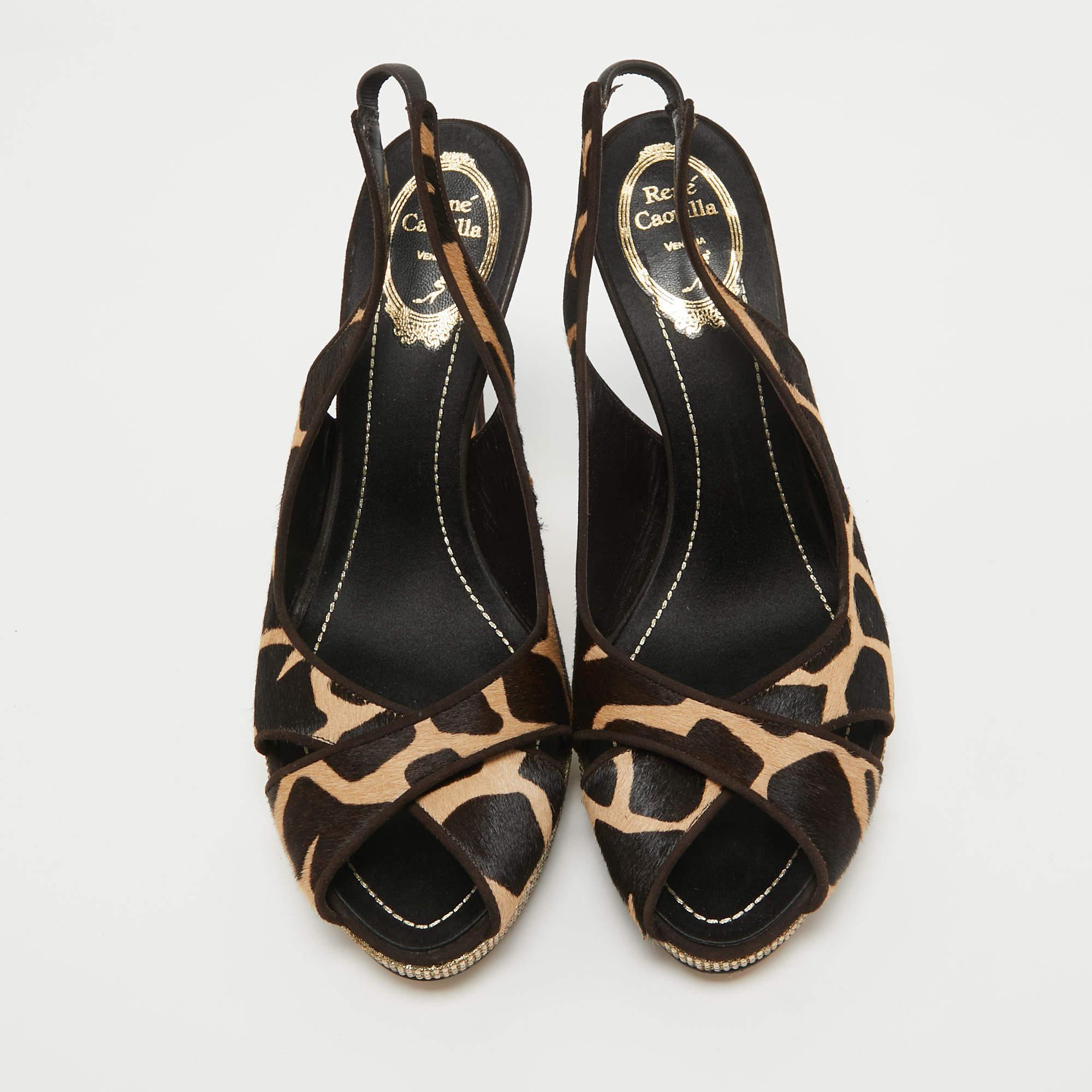 Black René Caovilla Brown Calf Hair Embellished Slingback Sandals Size 40 For Sale