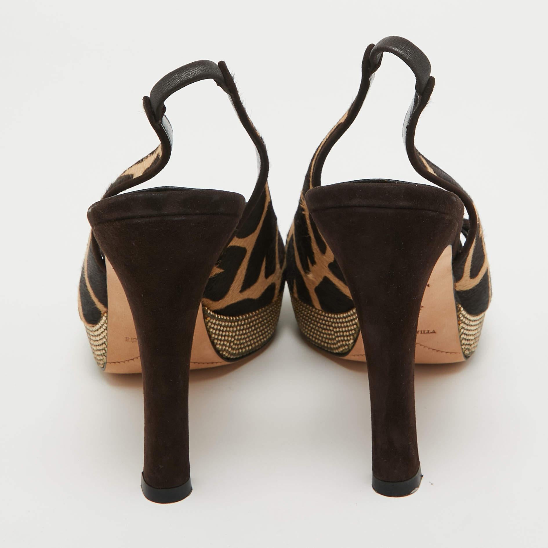 Women's René Caovilla Brown Calf Hair Embellished Slingback Sandals Size 40 For Sale