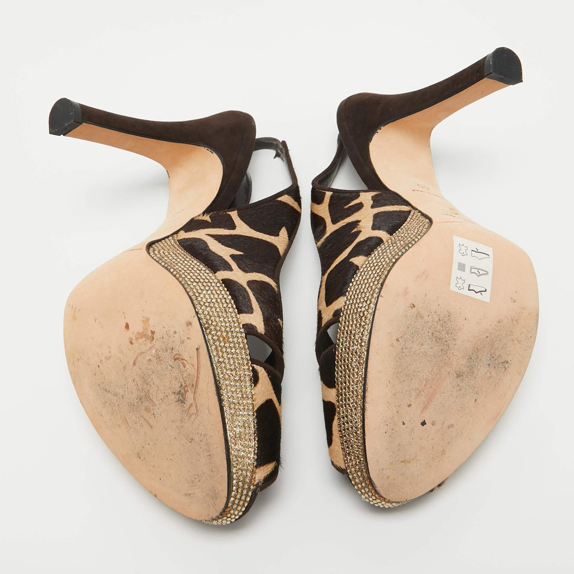 René Caovilla Brown Calf Hair Embellished Slingback Sandals Size 40 For Sale 1