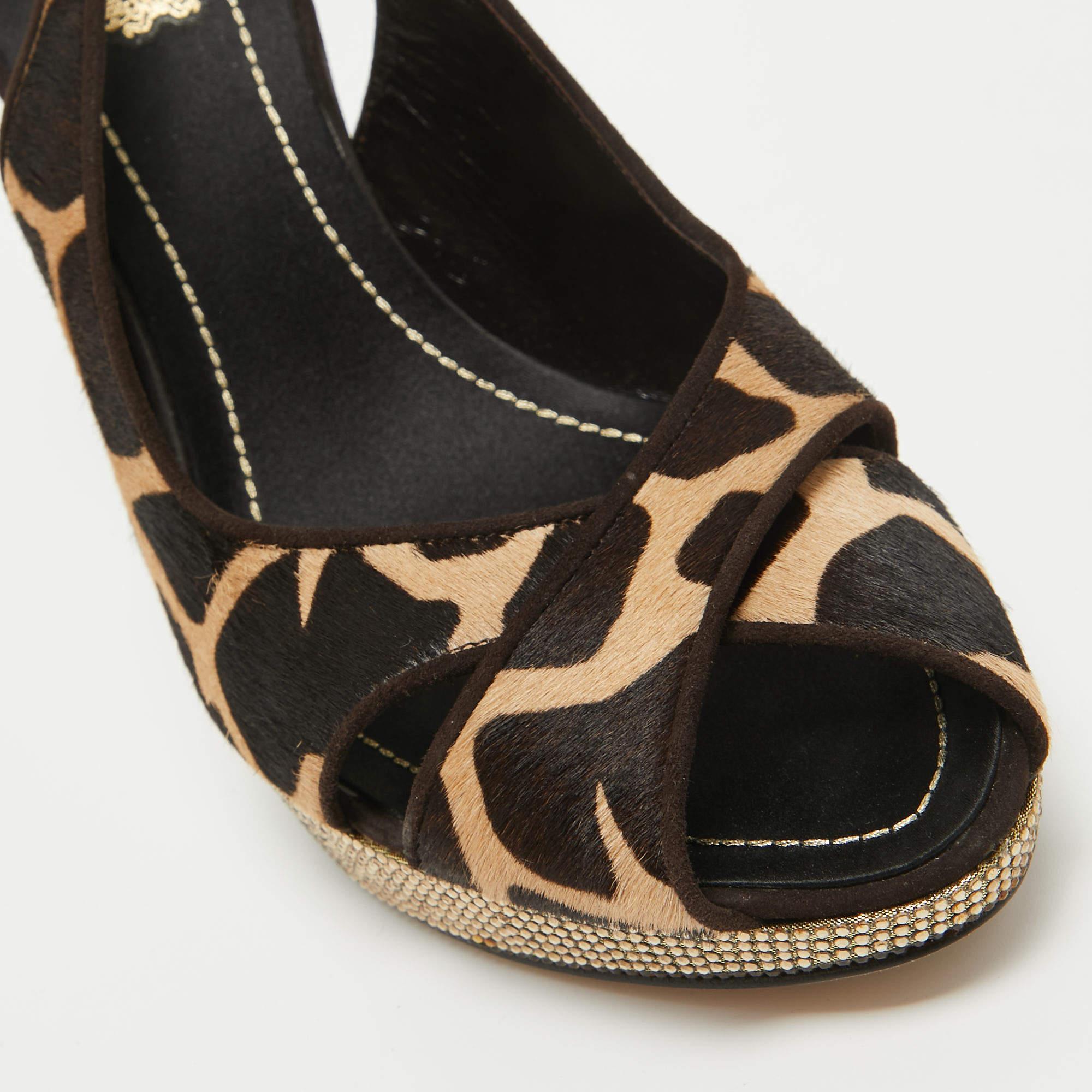 René Caovilla Brown Calf Hair Embellished Slingback Sandals Size 40 For Sale 2