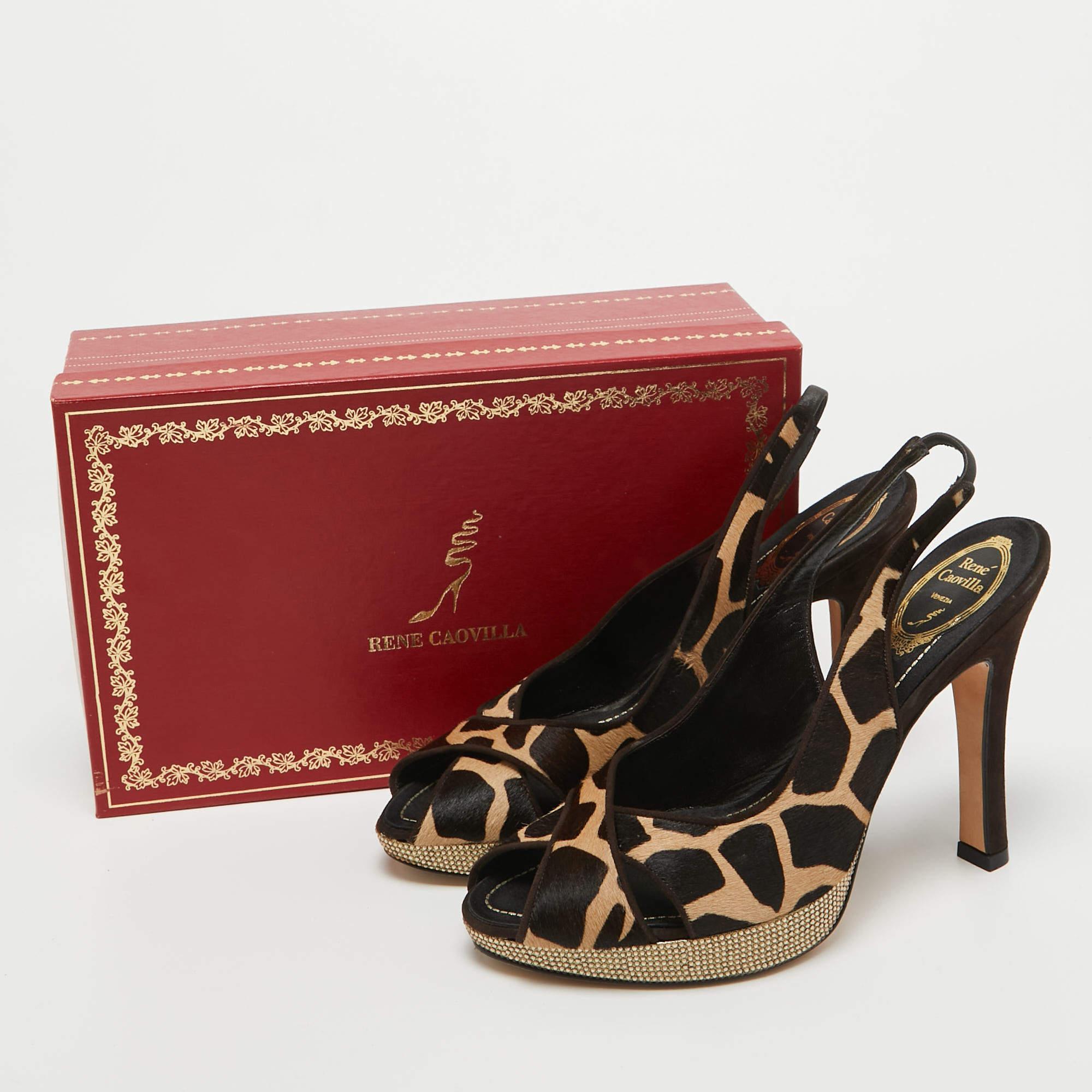 René Caovilla Brown Calf Hair Embellished Slingback Sandals Size 40 For Sale 4