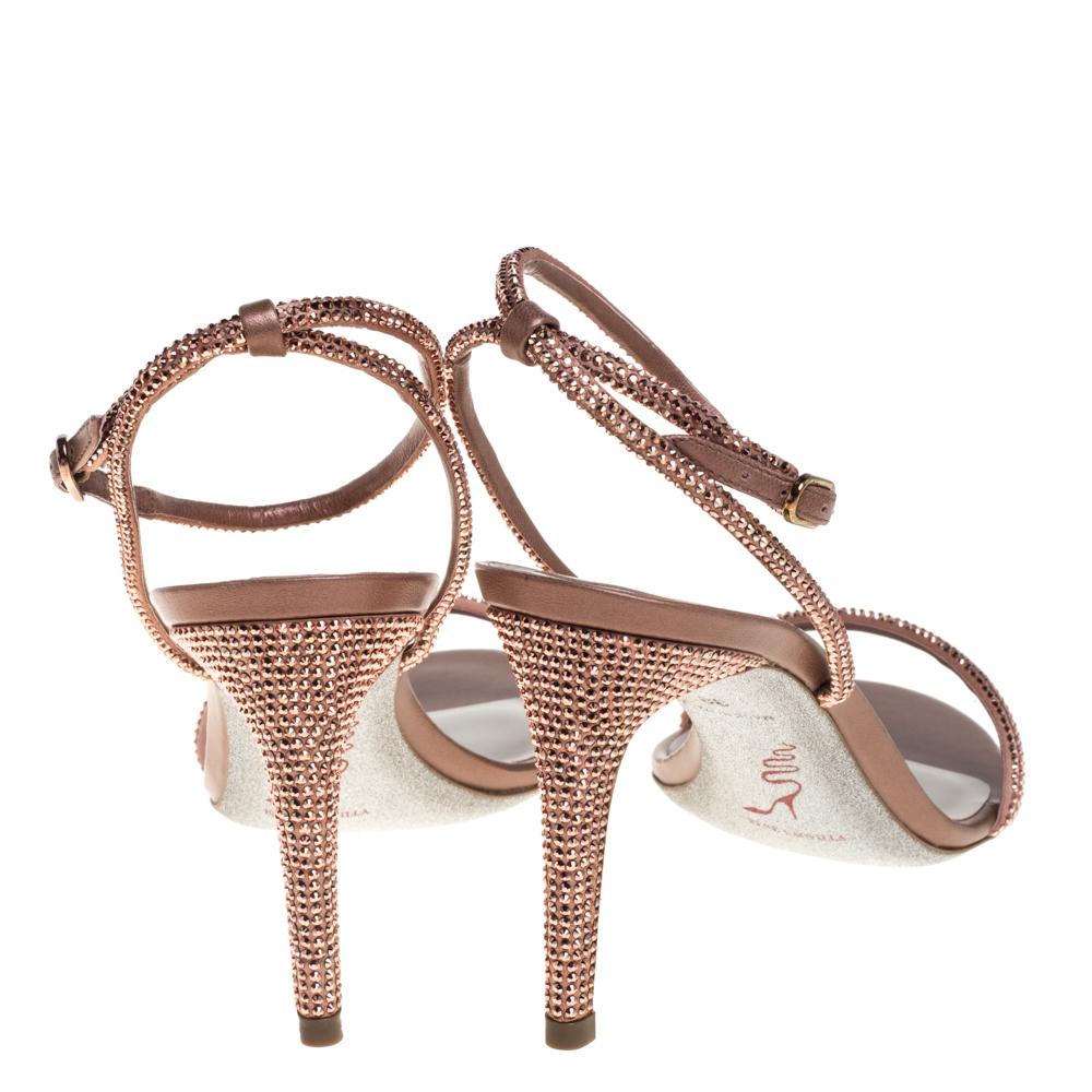 René Caovilla Brown Satin Ellabrita Crystal Embellished Strap Sandals Size 38 In Excellent Condition In Dubai, Al Qouz 2