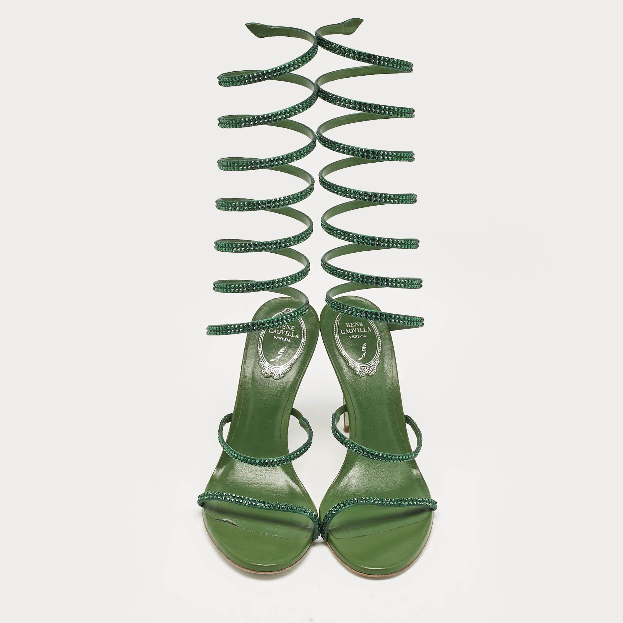 René Caovilla Sandalias con tira al tobillo Cleo de piel verde y cristal talla 39 Gris en venta