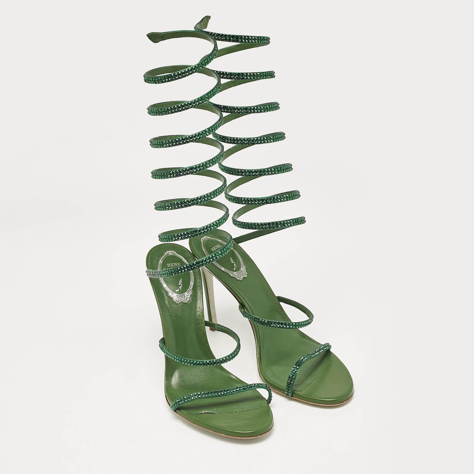 René Caovilla Sandalias con tira al tobillo Cleo de piel verde y cristal talla 39 en Bueno estado para la venta en Dubai, Al Qouz 2