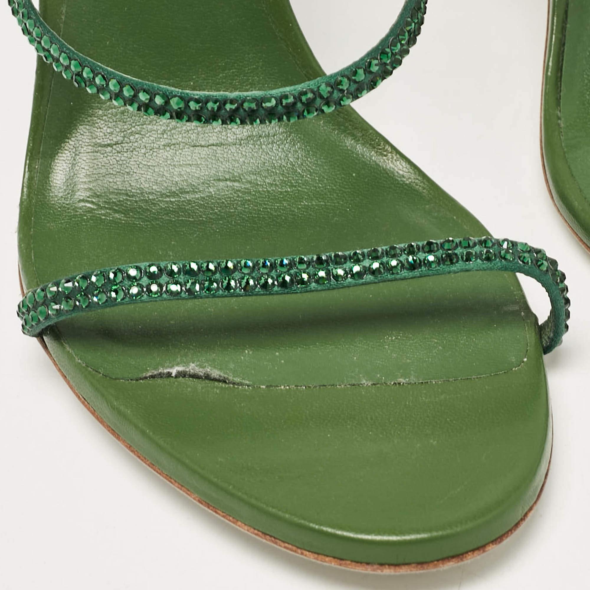 René Caovilla Sandalias con tira al tobillo Cleo de piel verde y cristal talla 39 en venta 2