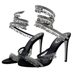 Rene Caovilla Chandelier Black 105 Crystal Embellished Wraparound Sandals 38