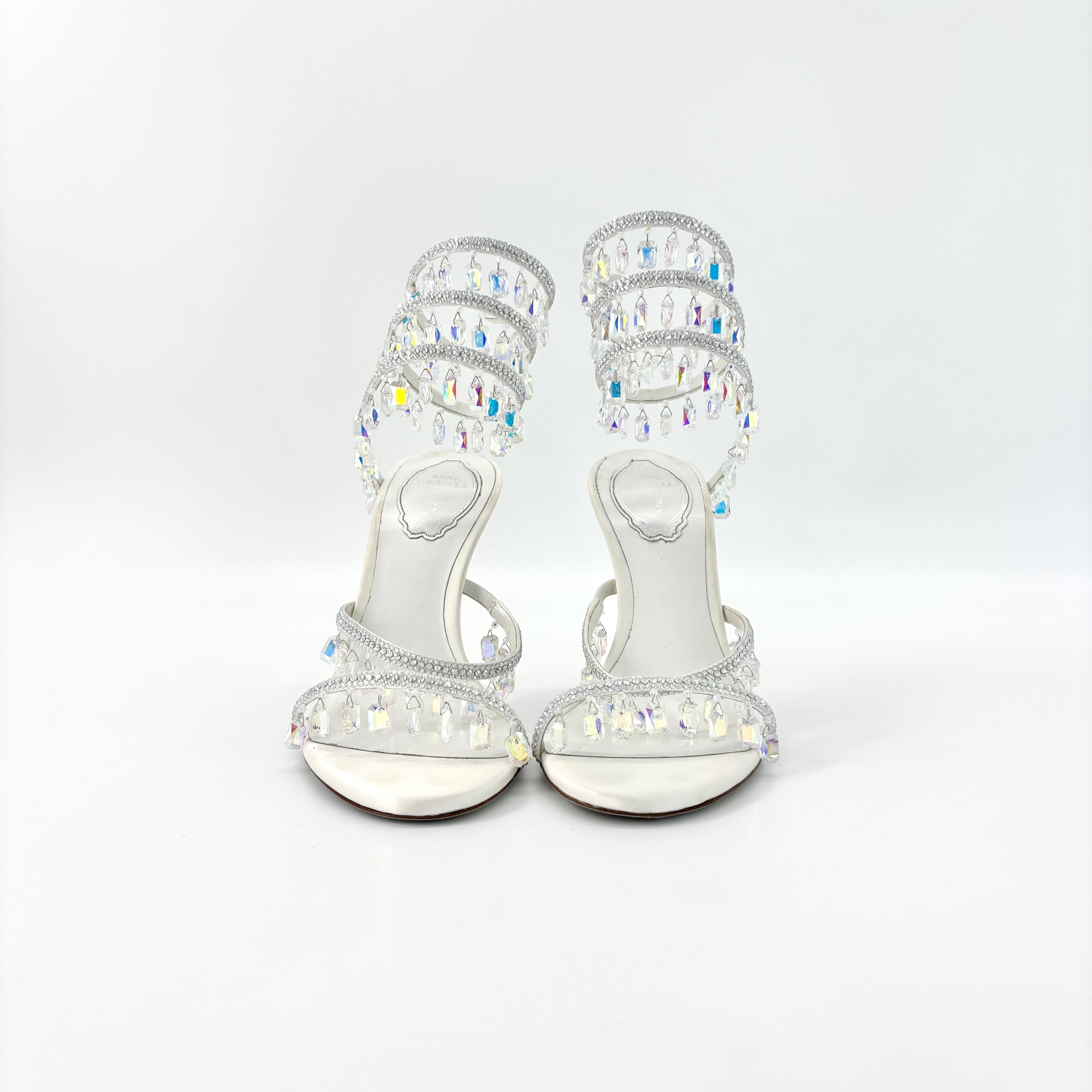 Rene Caovilla Kronleuchter Weiß 105 Kristallverzierte Wraparound Sandalen 38 Damen im Angebot