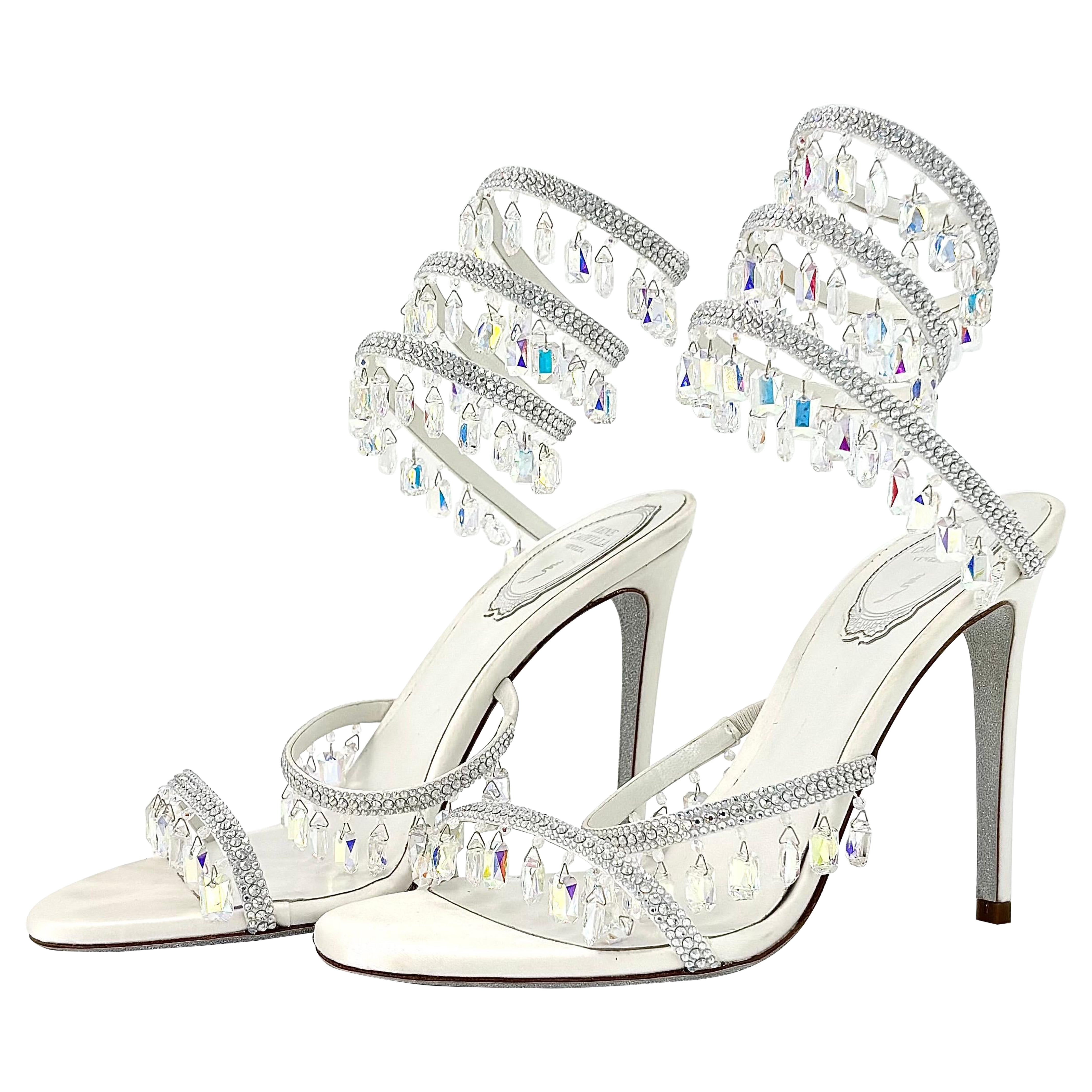 Rene Caovilla Chandelier White 105 Crystal Embellished Wraparound Sandals 38