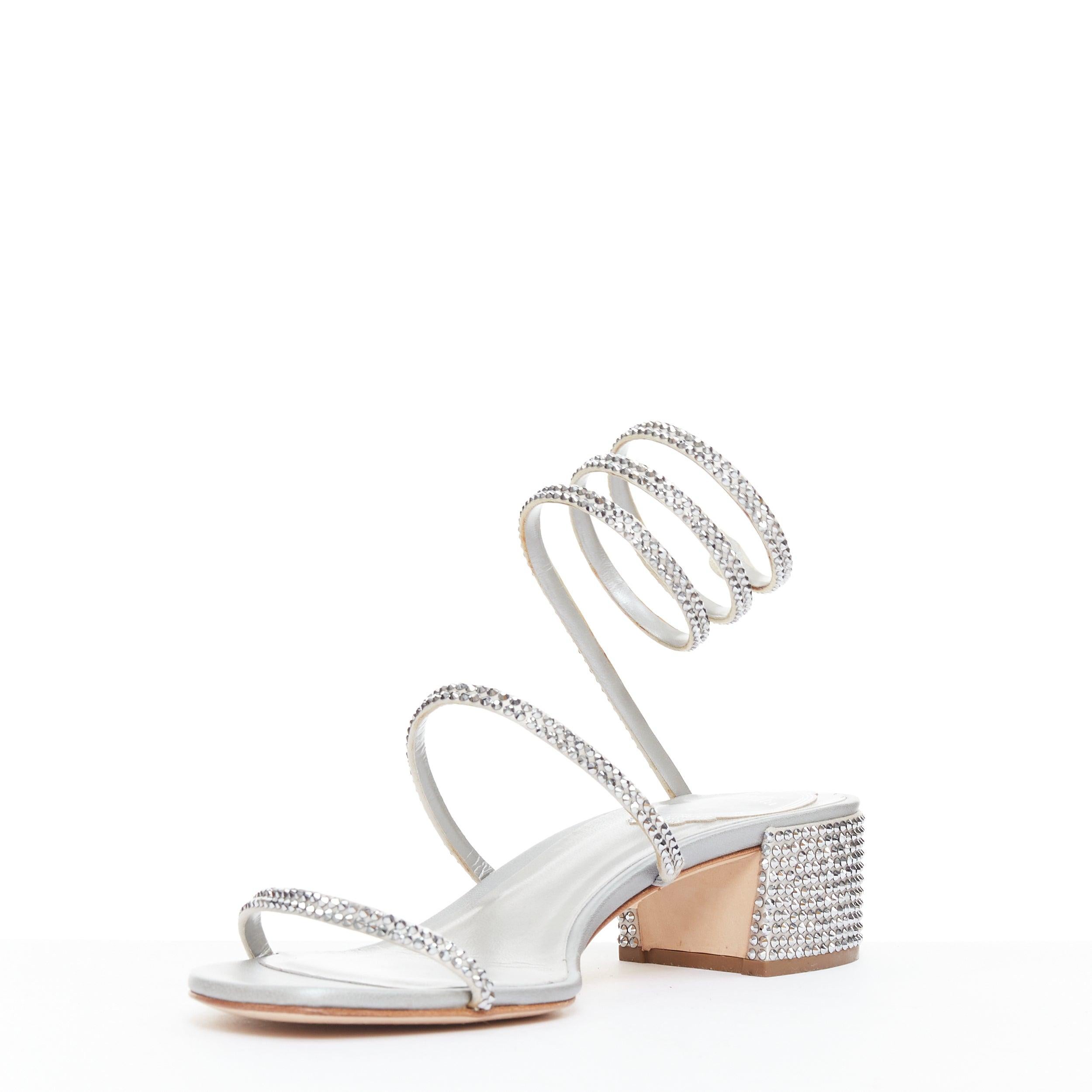 RENE CAOVILLA Cleo 45 silver strass crystal wrap around block heels EU37.5 im Zustand „Gut“ im Angebot in Hong Kong, NT