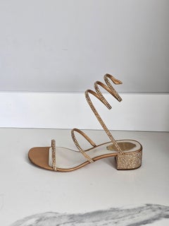 Rene Caovilla Cleo Gold Satin Crystals Block Heel Sandals EU 40 US 10 Box