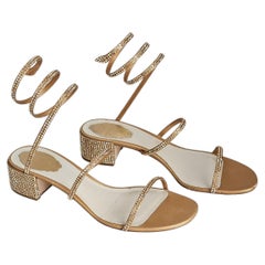 Rene Caovilla Cleo Gold Satin Crystals Block Heel Sandals EU 40 US 10 Box