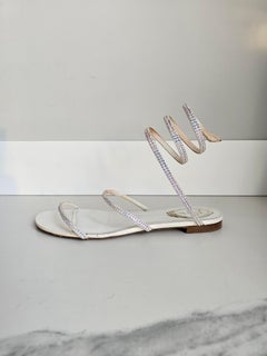 Rene Caovilla Cleo White Satin Flat Crystals Spiraled Sandals EU 40 US 10