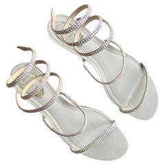 Rene Caovilla Cleo White Satin Flat Crystals Spiraled Sandals EU 40 US 10