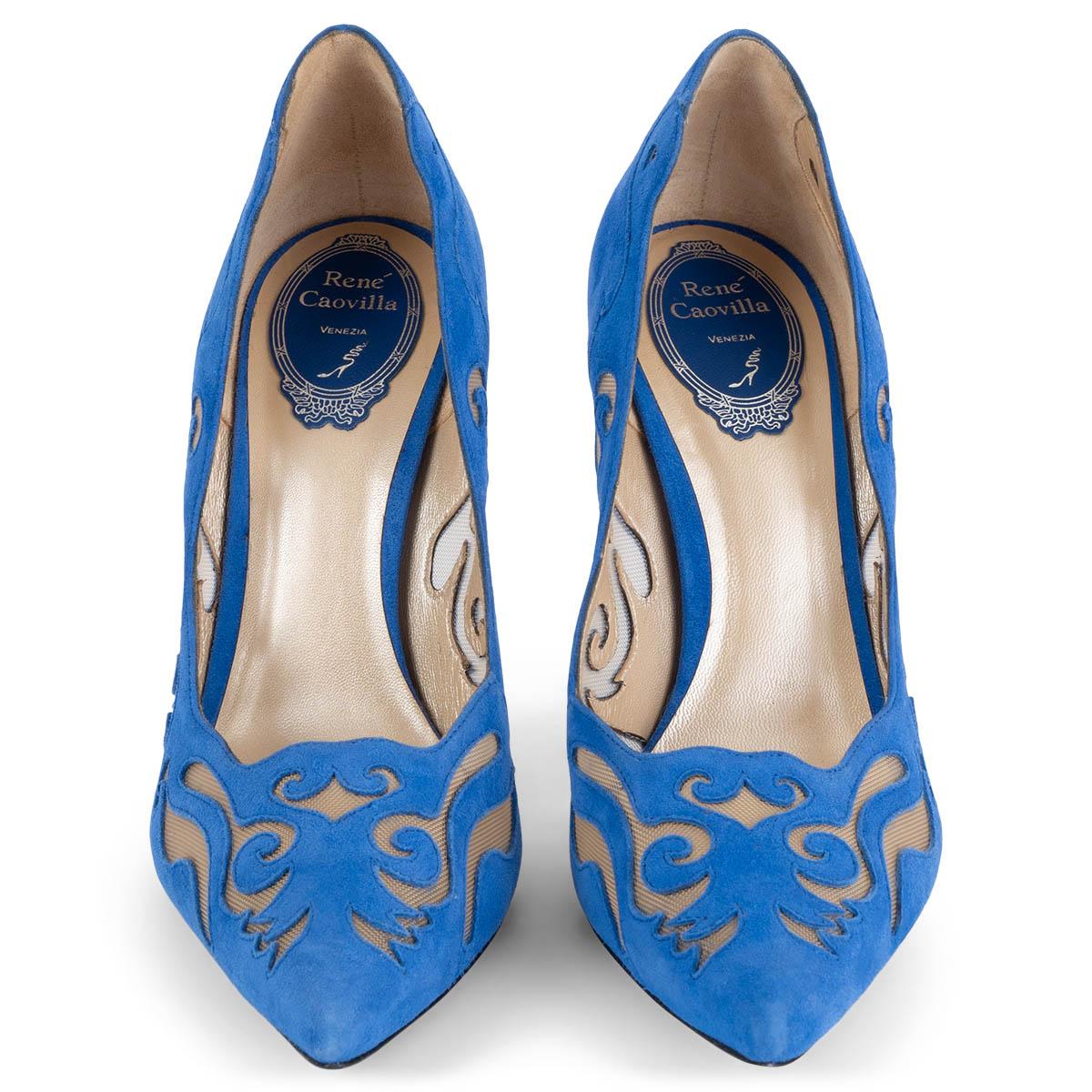 100% authentic René Caovilla Illusion laser-cut pointed-toe pumps in cobalt blue suede and nude mesh. Brand new. 

Measurements
Imprinted Size	38.5
Shoe Size	38.5
Inside Sole	25.5cm (9.9in)
Width	7.5cm (2.9in)
Heel	12cm (4.7in)

All our listings