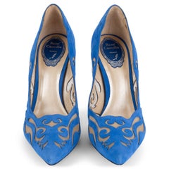 RENE CAOVILLA cobalt blue suede ILLUSION LASER-CUT Pumps Shoes 38.5