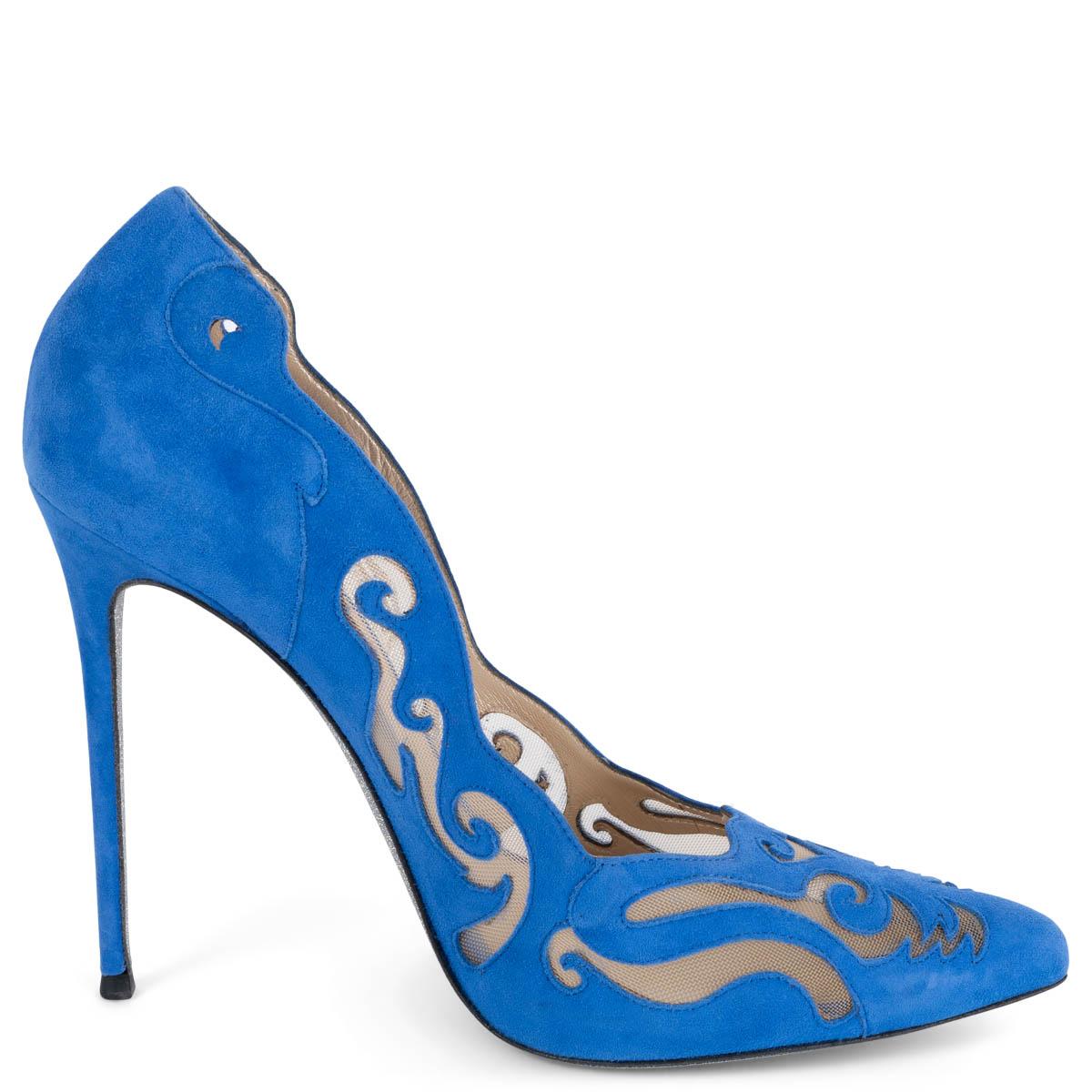 Blue RENE CAOVILLA cobalt blue suede ILLUSION LASER-CUT Pumps Shoes 38.5 For Sale