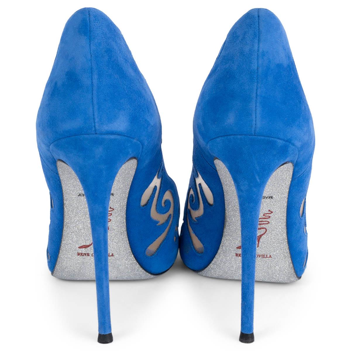 RENE CAOVILLA cobalt blue suede ILLUSION LASER-CUT Pumps Shoes 38.5 In New Condition For Sale In Zürich, CH