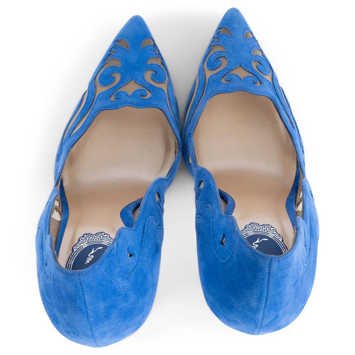 Women's RENE CAOVILLA cobalt blue suede ILLUSION LASER-CUT Pumps Shoes 38.5 For Sale