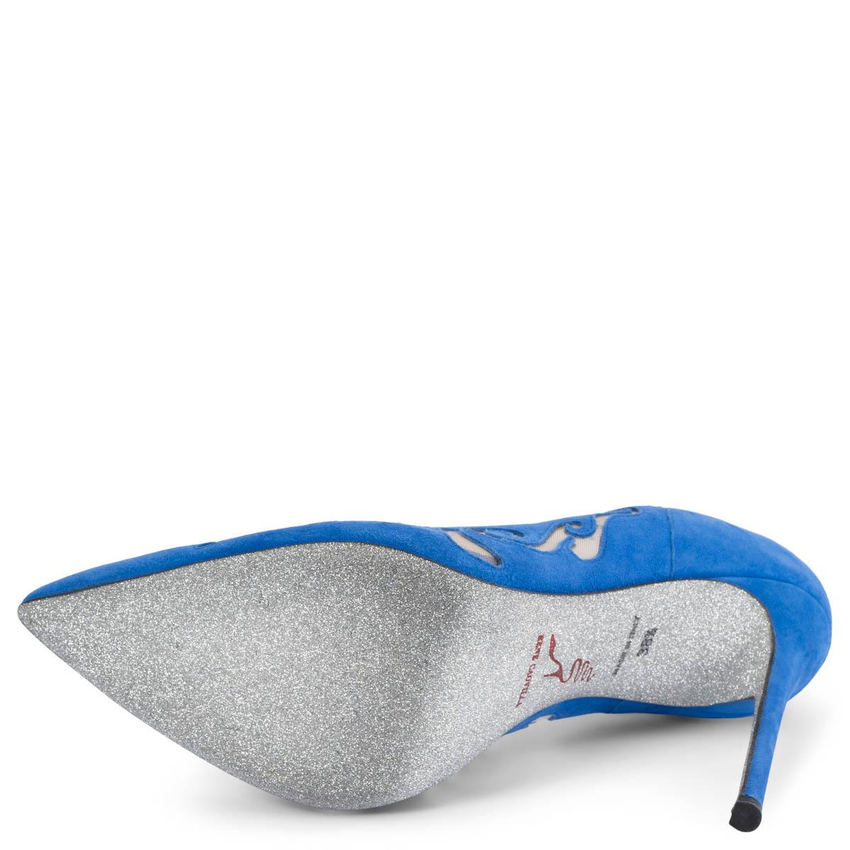 RENE CAOVILLA Chaussures à talons en daim bleu cobalt ILLUSION LASER-CUT 38,5 en vente 1