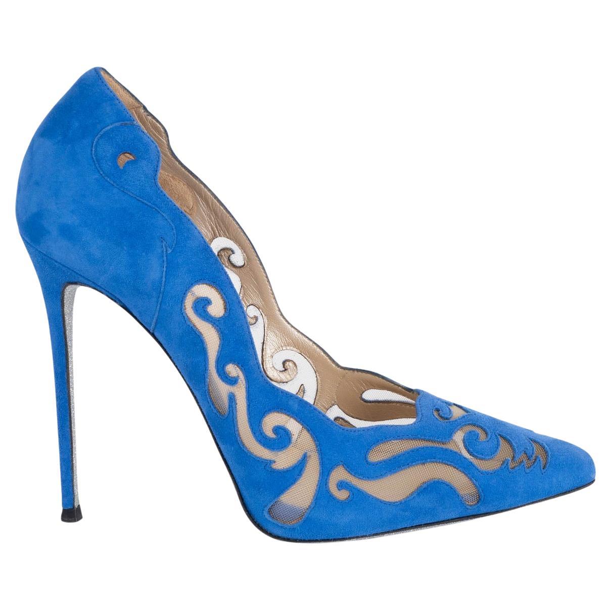 RENE CAOVILLA Chaussures à talons en daim bleu cobalt ILLUSION LASER-CUT 38,5 en vente