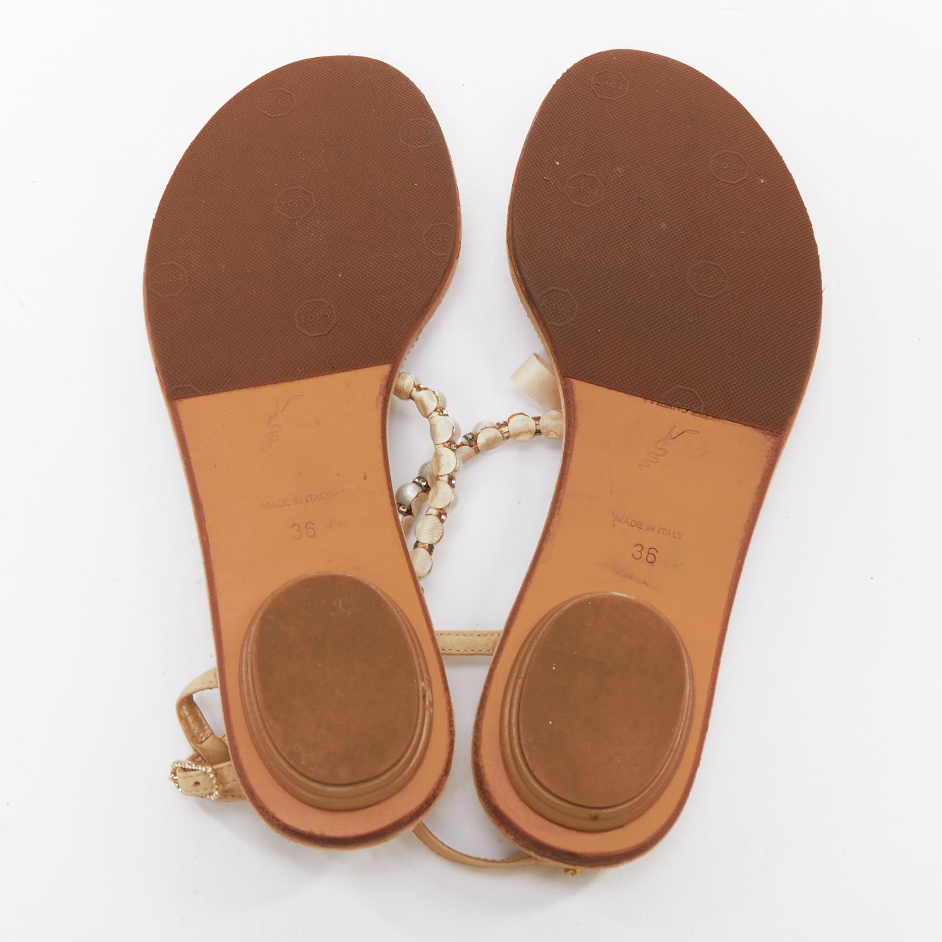 RENE CAOVILLA Creme Schleife faux Perle tstrap Strass trim flache Sandalen EU36 im Angebot 6