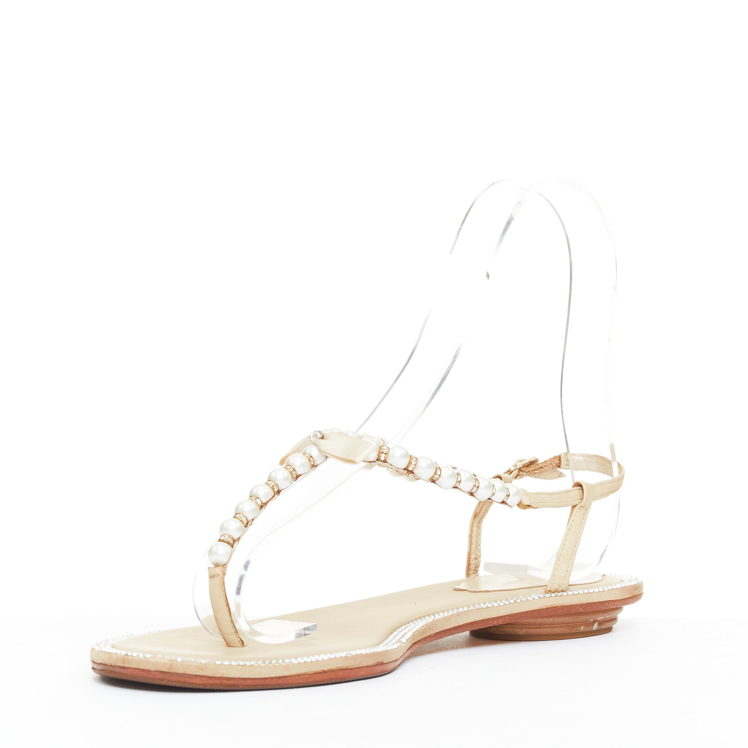 RENE CAOVILLA Creme Schleife faux Perle tstrap Strass trim flache Sandalen EU36 (Beige) im Angebot