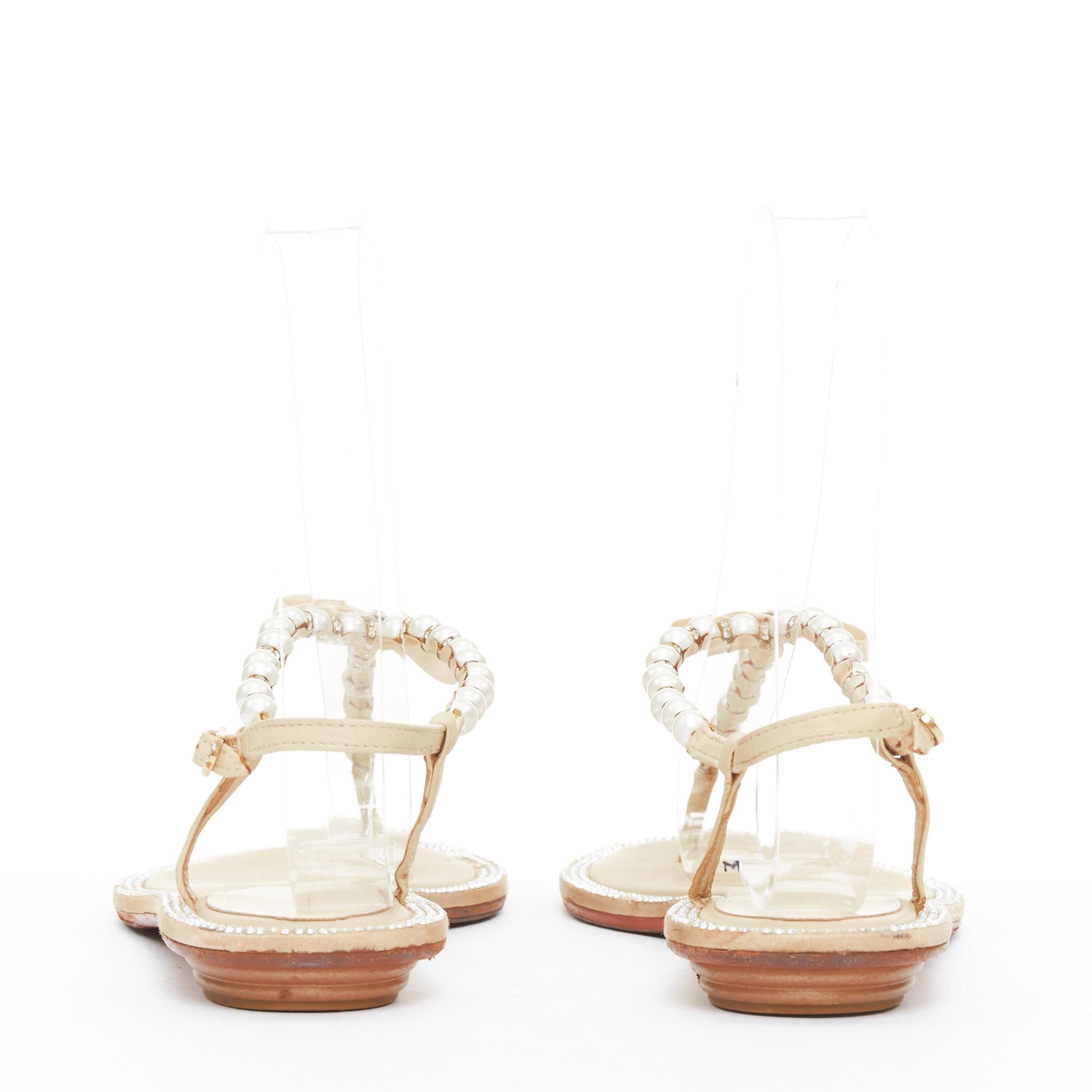 RENE CAOVILLA Creme Schleife faux Perle tstrap Strass trim flache Sandalen EU36 im Zustand „Gut“ im Angebot in Hong Kong, NT