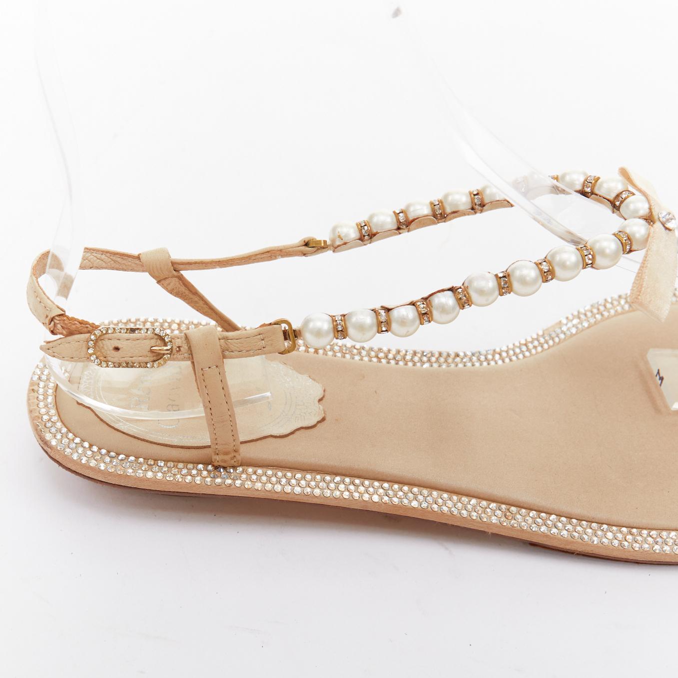 RENE CAOVILLA Creme Schleife faux Perle tstrap Strass trim flache Sandalen EU36 Damen im Angebot