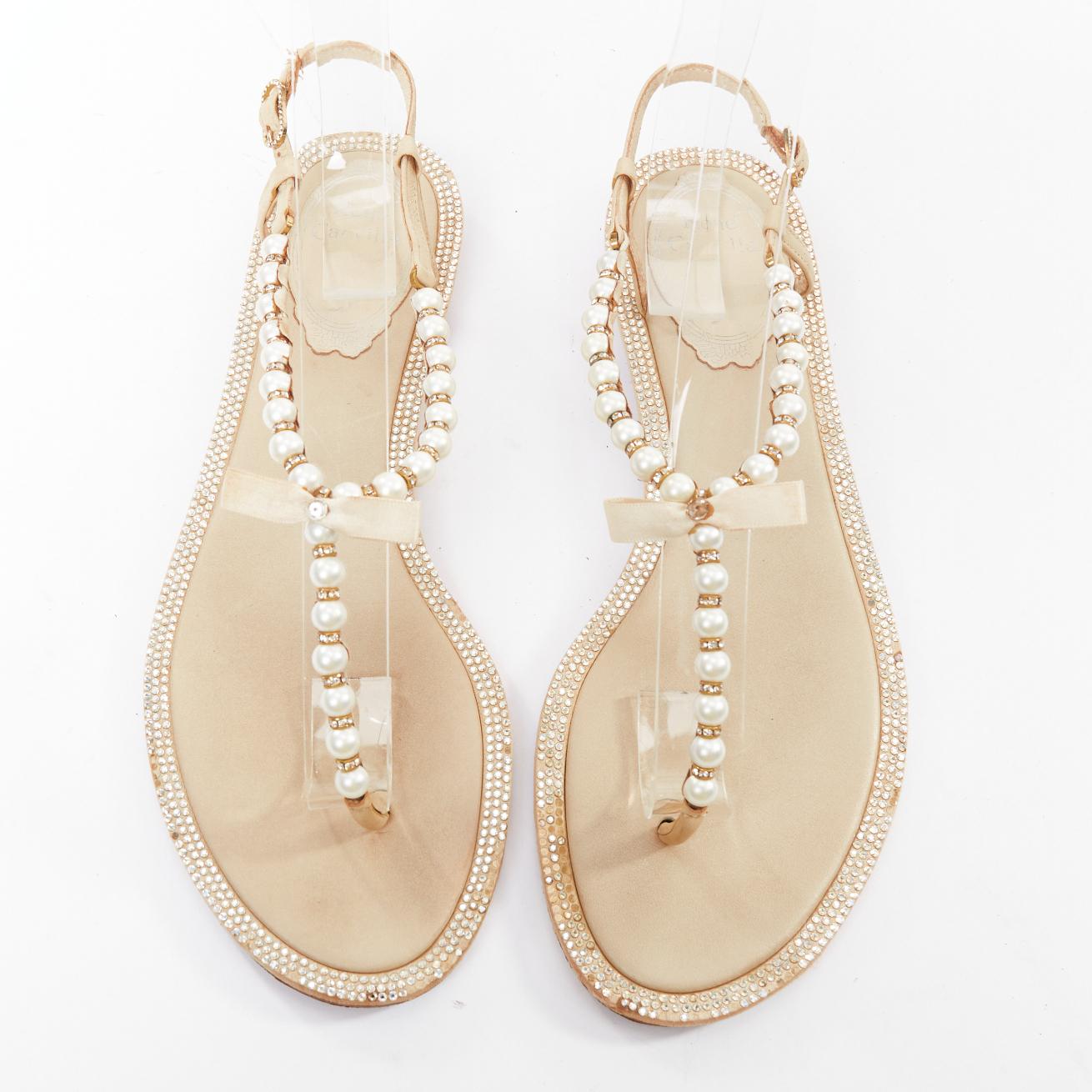 RENE CAOVILLA Creme Schleife faux Perle tstrap Strass trim flache Sandalen EU36 im Angebot 2