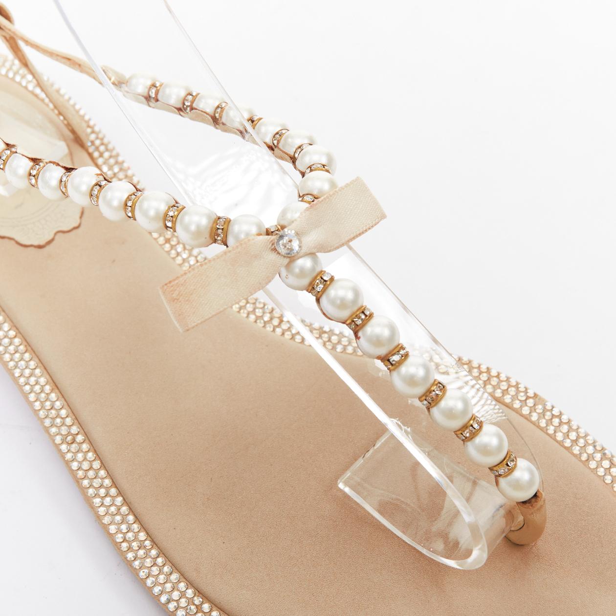 RENE CAOVILLA Creme Schleife faux Perle tstrap Strass trim flache Sandalen EU36 im Angebot 3