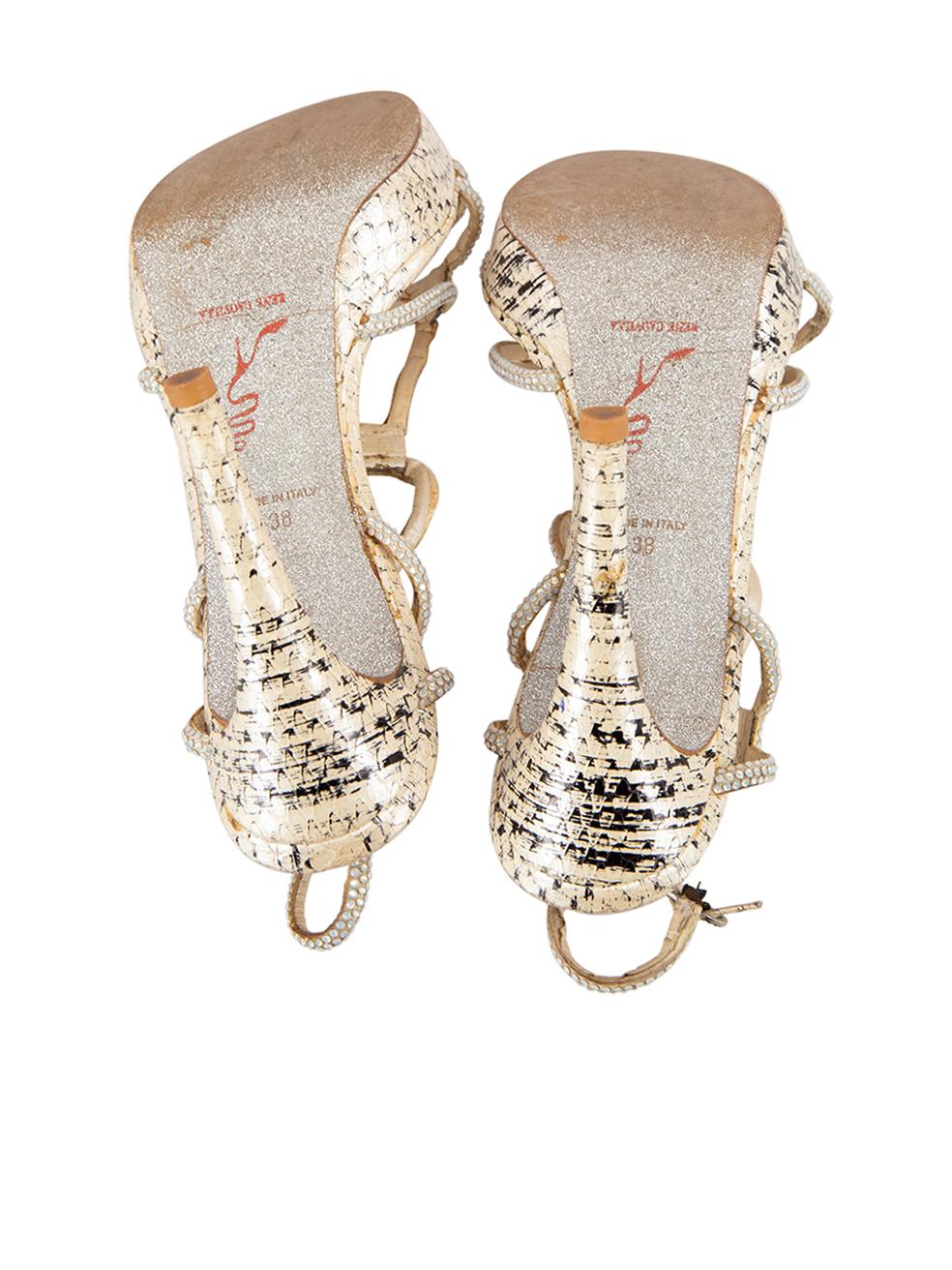 Rene Caovilla Cream Snakeskin Crystal Heeled Sandals Size IT 38 In Good Condition For Sale In London, GB