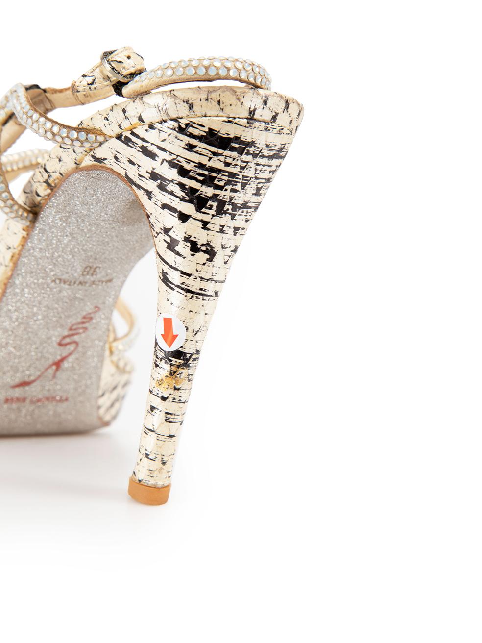 Rene Caovilla Cream Snakeskin Crystal Heeled Sandals Size IT 38 For Sale 1