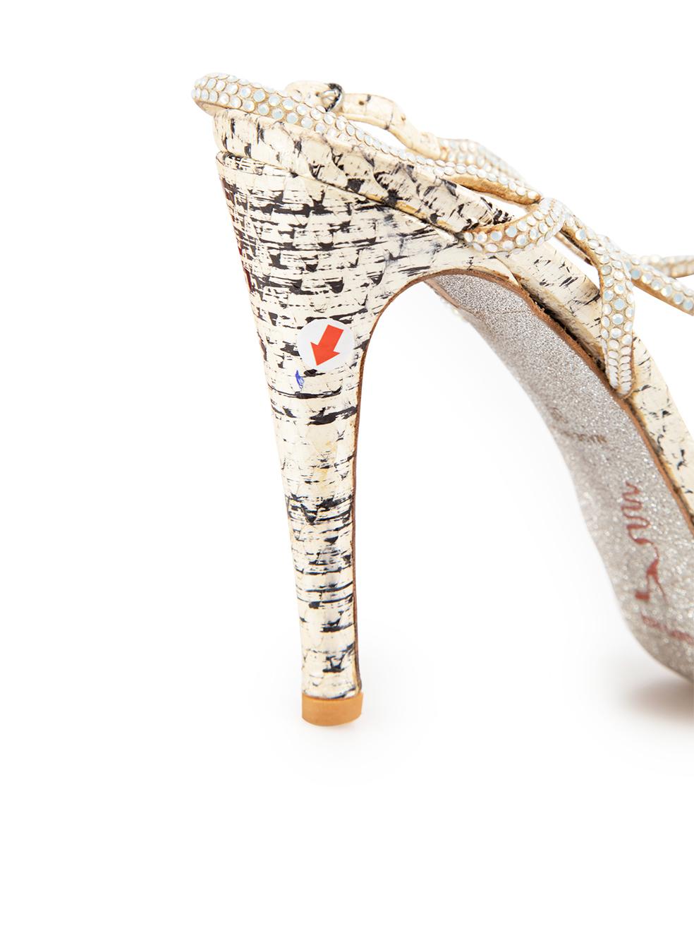 Rene Caovilla Cream Snakeskin Crystal Heeled Sandals Size IT 38 For Sale 4
