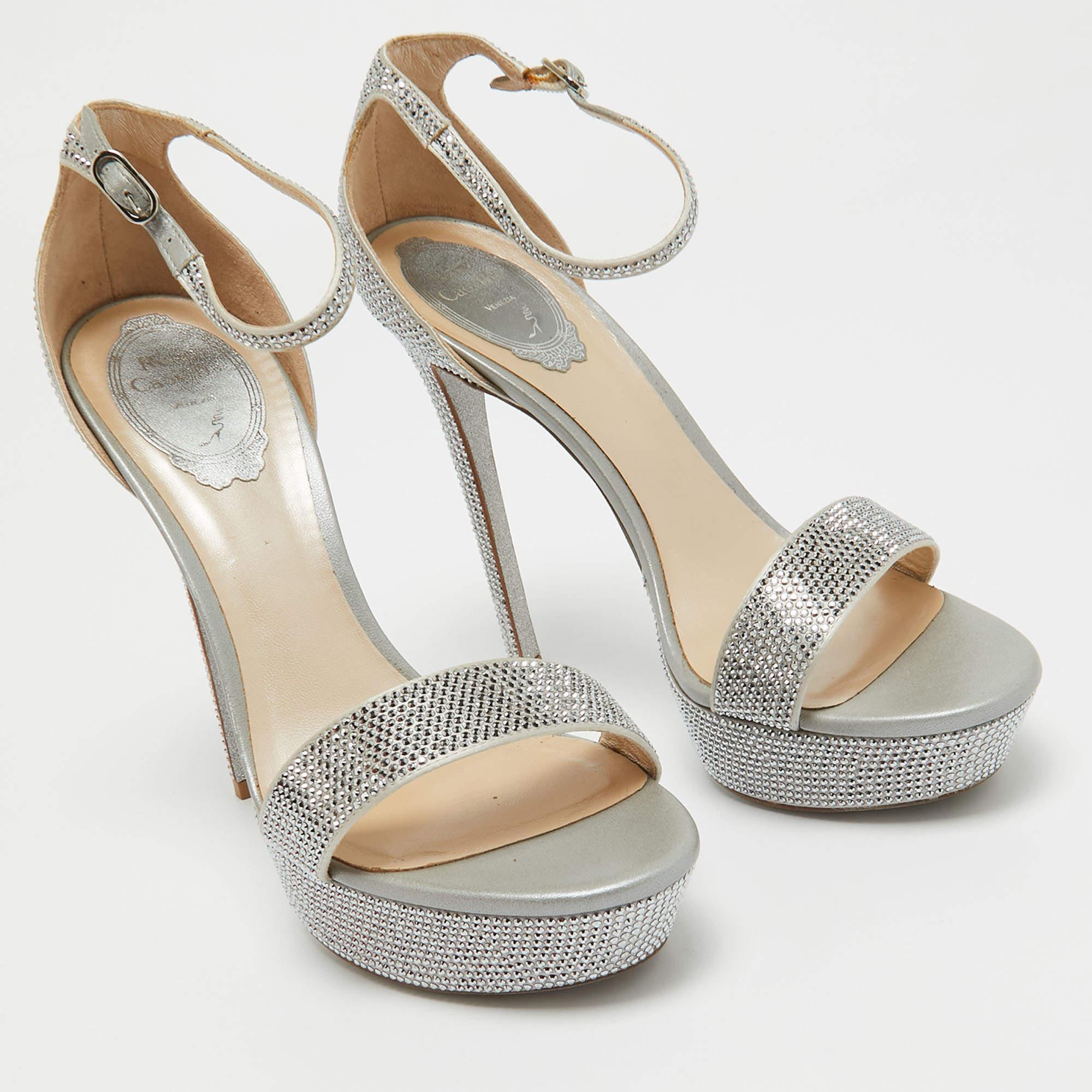 René Caovilla Crystal Embellished Satin Platform Ankle Strap Sandals Size 38 In Good Condition In Dubai, Al Qouz 2