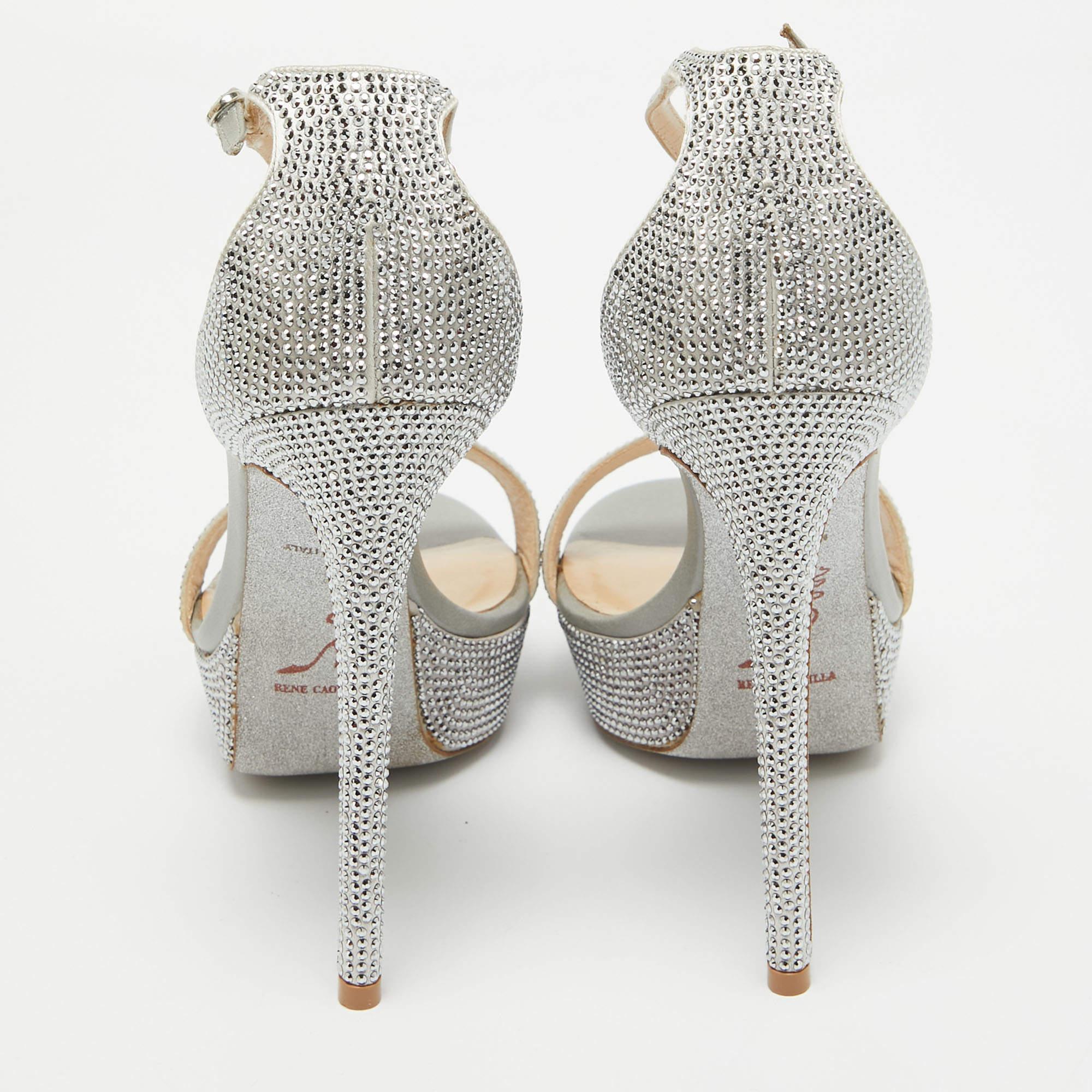 Women's René Caovilla Crystal Embellished Satin Platform Ankle Strap Sandals Size 38