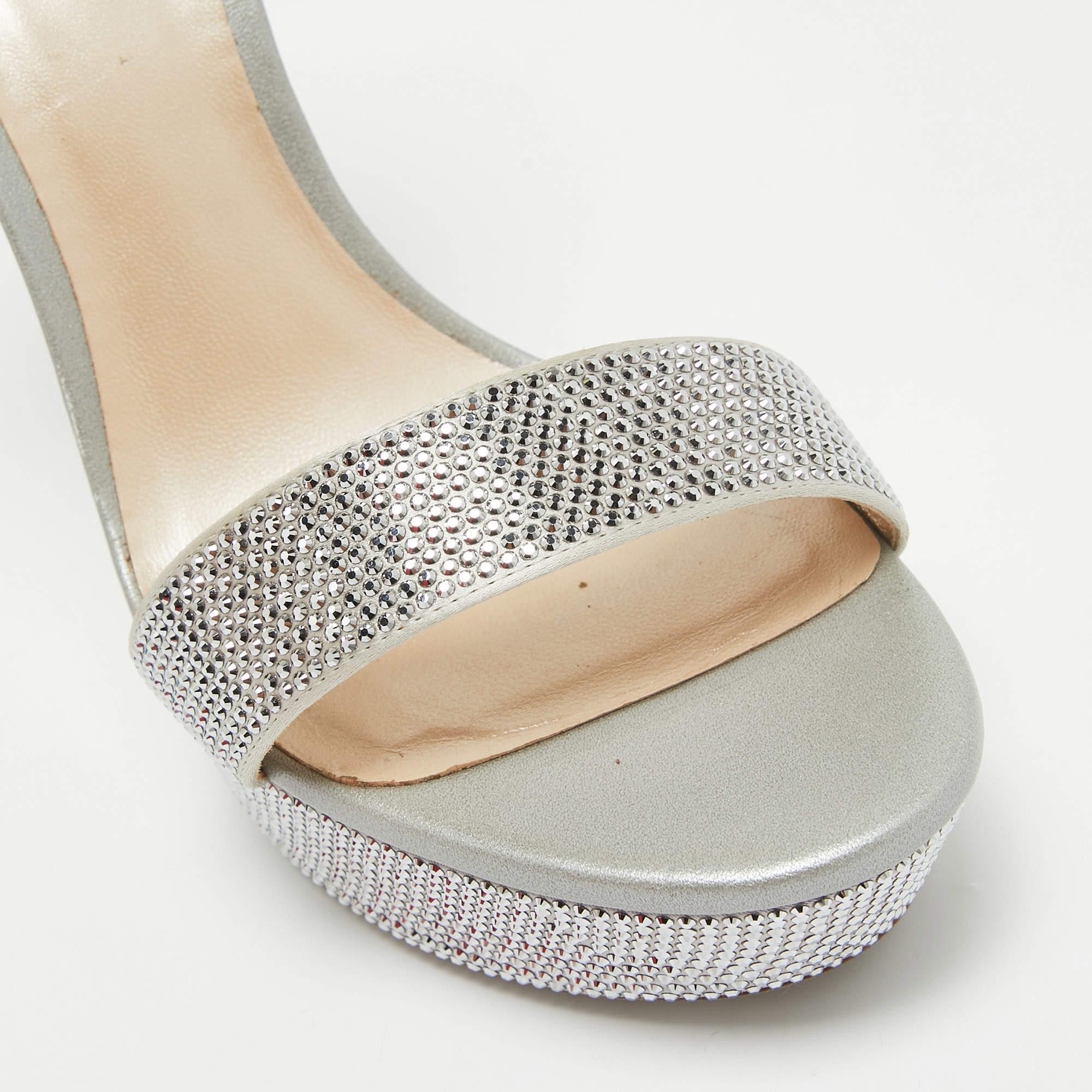 René Caovilla Crystal Embellished Satin Platform Ankle Strap Sandals Size 38 3