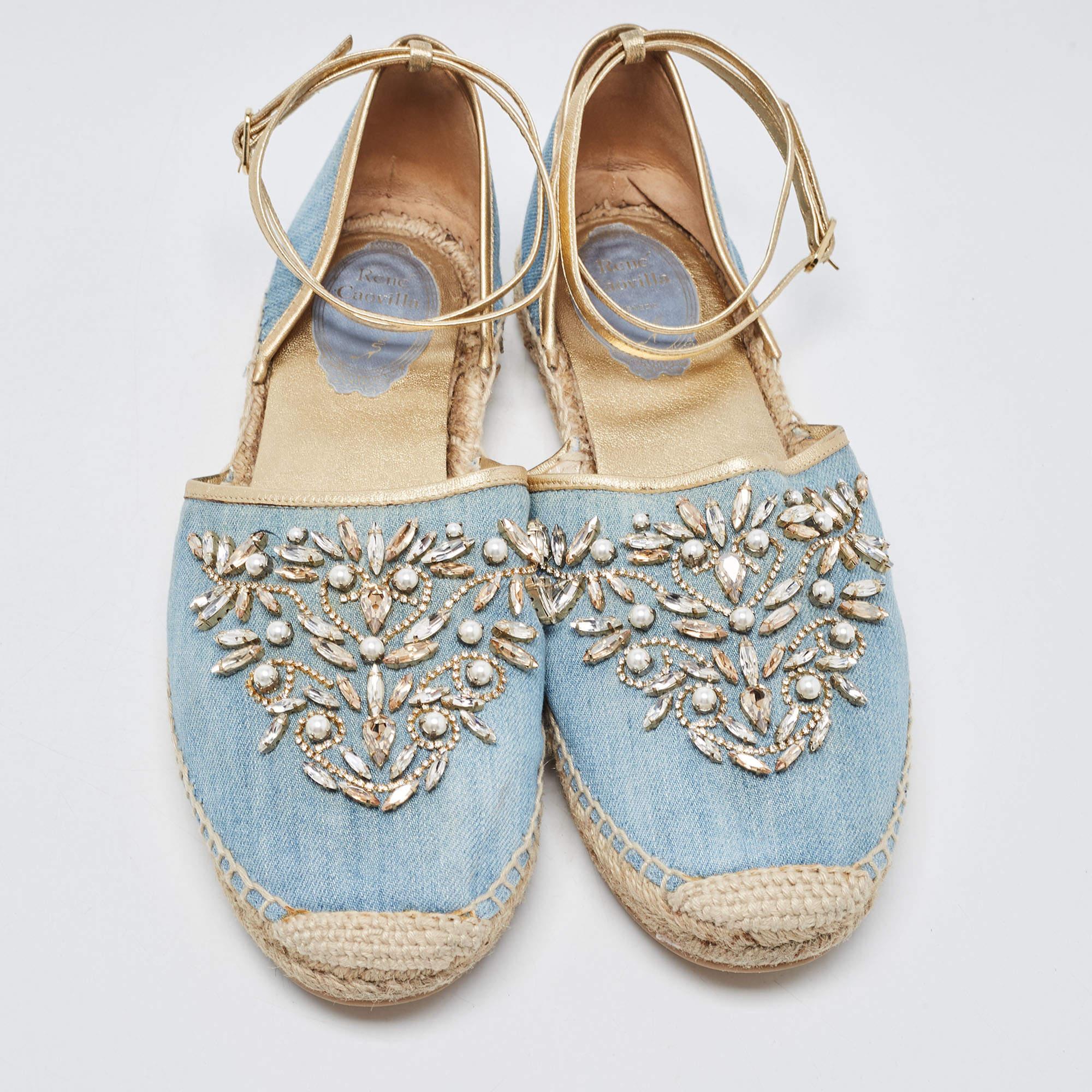 Grigio René Caovilla - Denim - Pelle con decorazioni alla caviglia - Espadrille Flats Taglia 41
