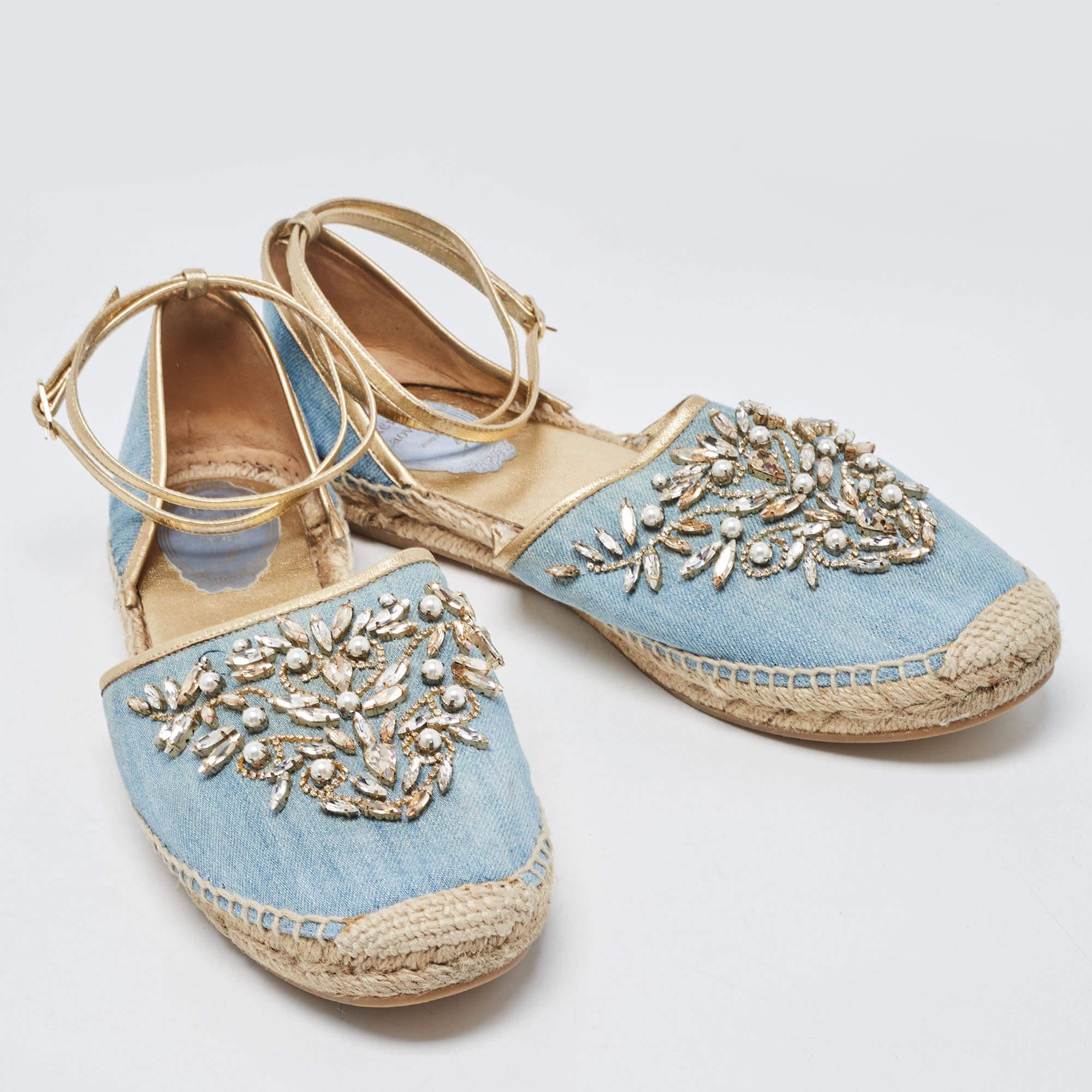 René Caovilla - Denim - Pelle con decorazioni alla caviglia - Espadrille Flats Taglia 41 In condizioni buone a Dubai, Al Qouz 2