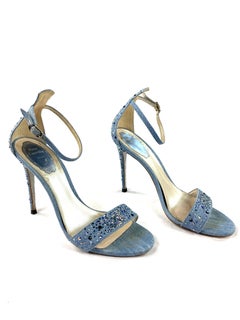 Rene Caovilla Embellished Denim Strappy Sandals Heels , Size 38/ 8